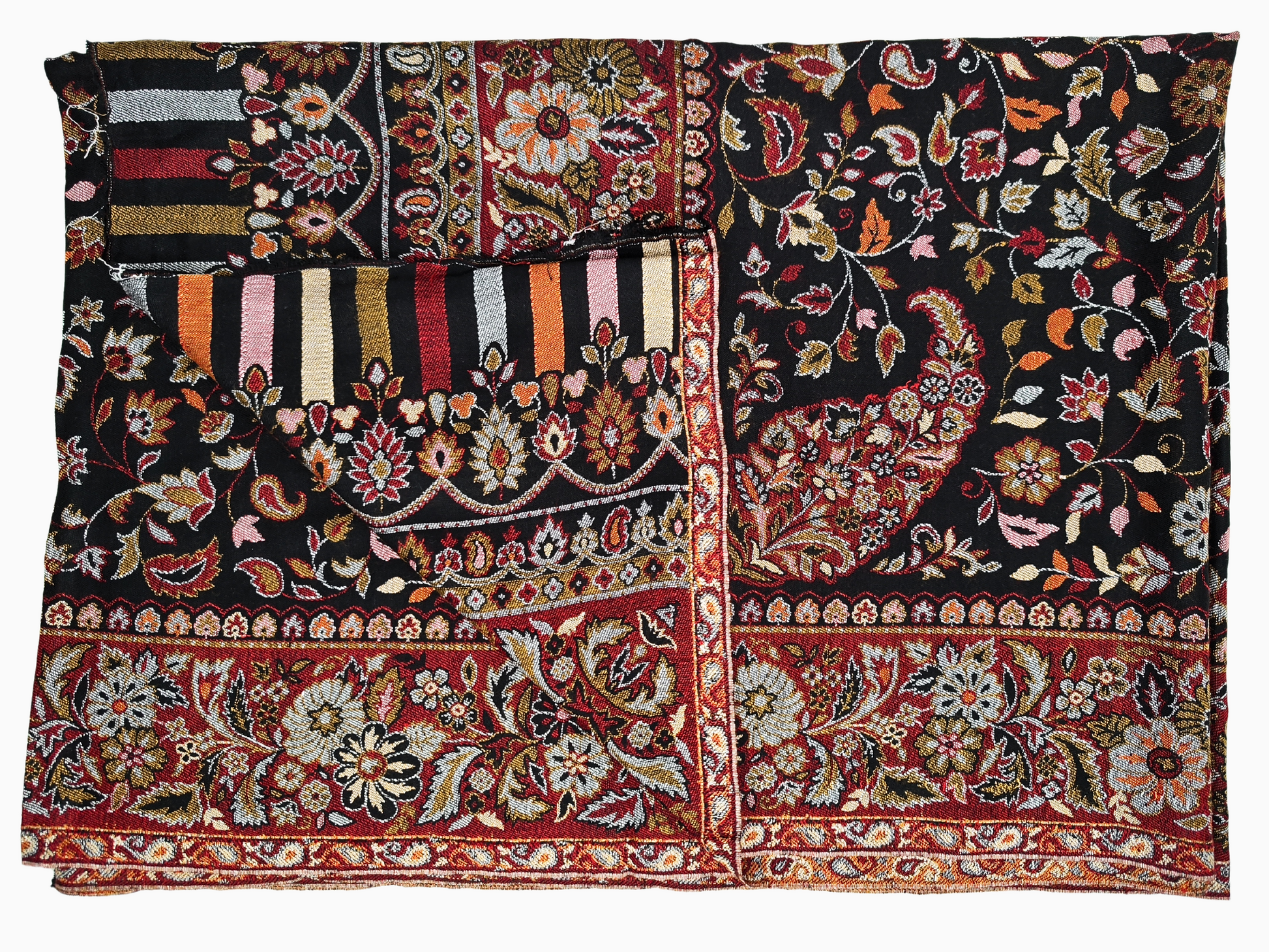 Soft, luxurious scarf with a rich blue and burgundy color scheme, featuring intricate floral and paisley patterns