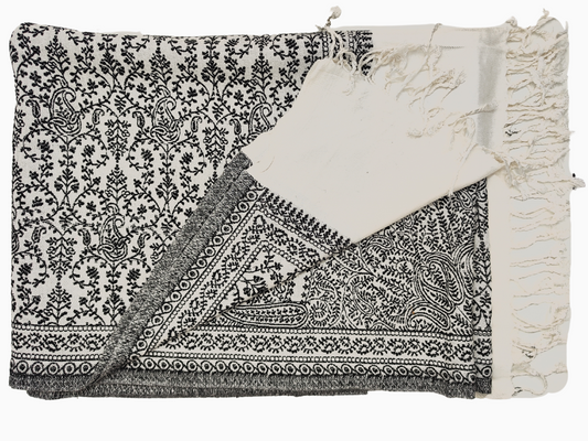 Cosy shawl in a soft cotton-wool blend. Warm for winters Light weight. Beige with black hand Embroidery