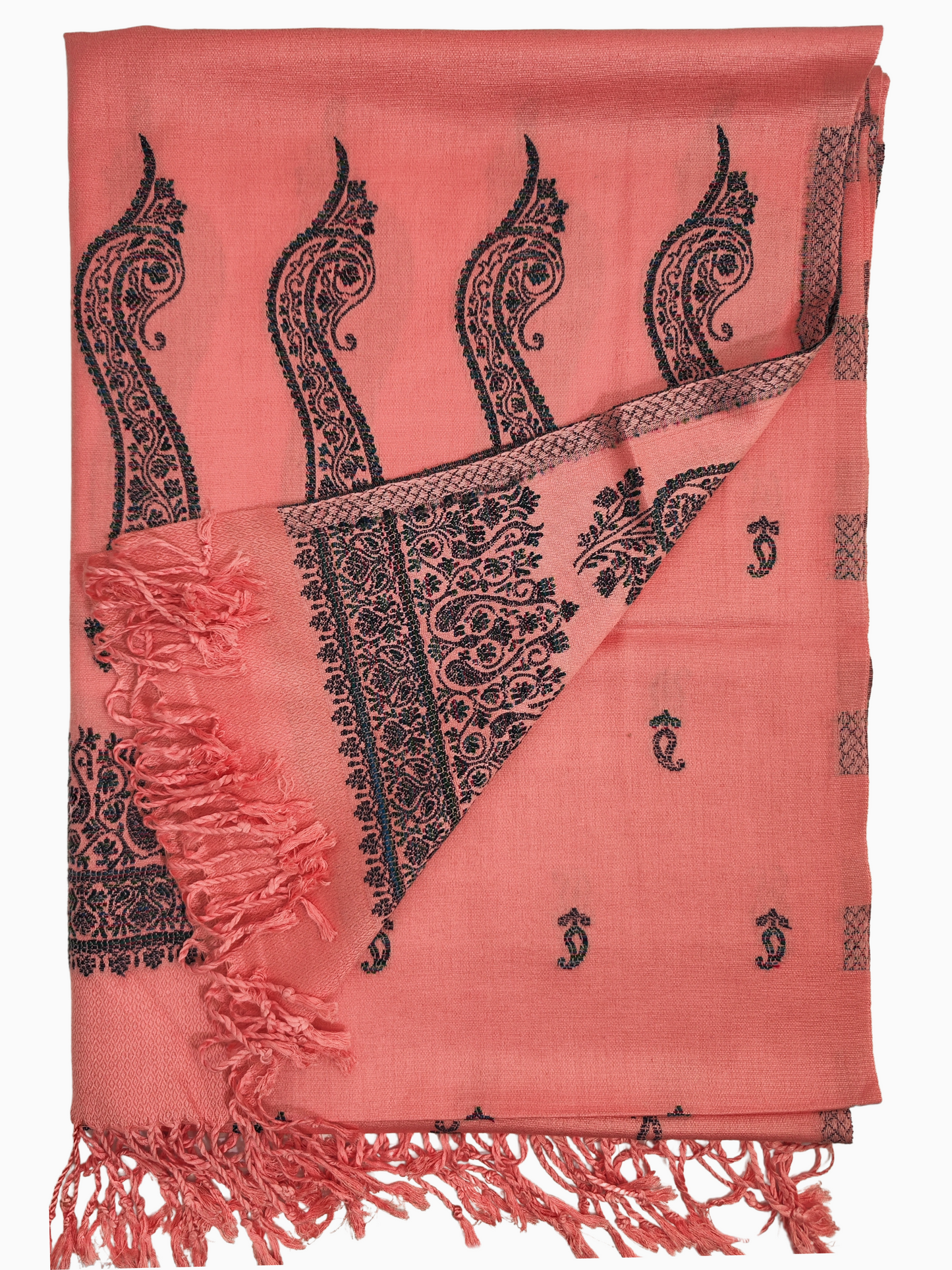 Peach-colored cotton silk blend shawl with a classic black paisley pattern. Lightweight and elegant, perfect for any occasion.