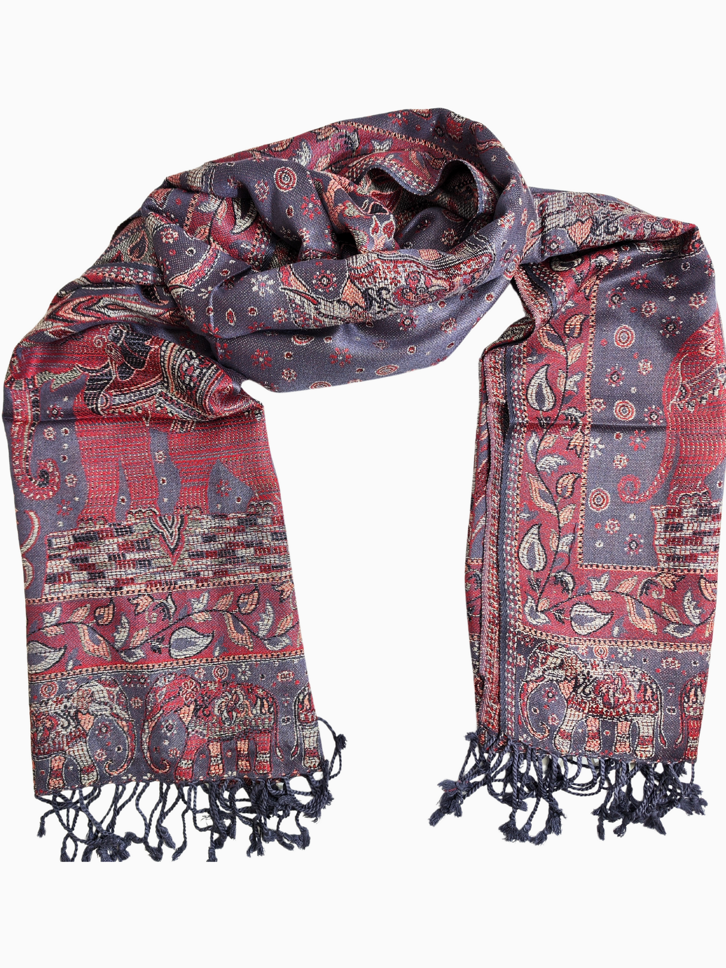 Chal de pashmina de intrincado tejido con fondo morado, adornado con motivos florales y de elefantes en rojo, dorado y azul, y rematado con borlas.
Lujoso chal de pashmina con una cautivadora mezcla de púrpura, rojo, dorado y azul, adornado con elegantes motivos florales y de elefantes y rematado con borlas.
