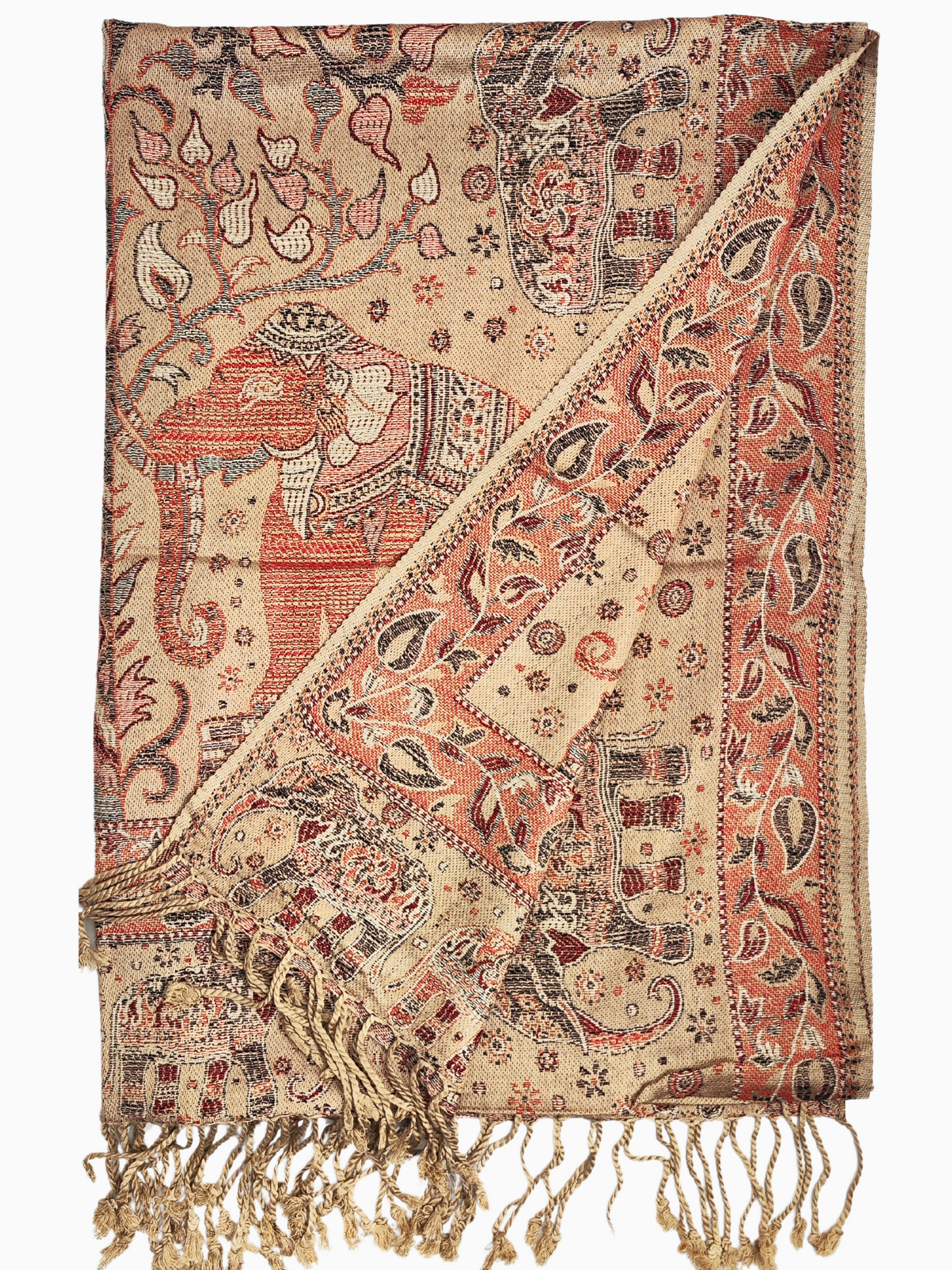 Beautiful pashmina shawl with a vibrant design. It has a predominantly Beige background with intricate floral and elephant motifs in shades of red, gold, and blue