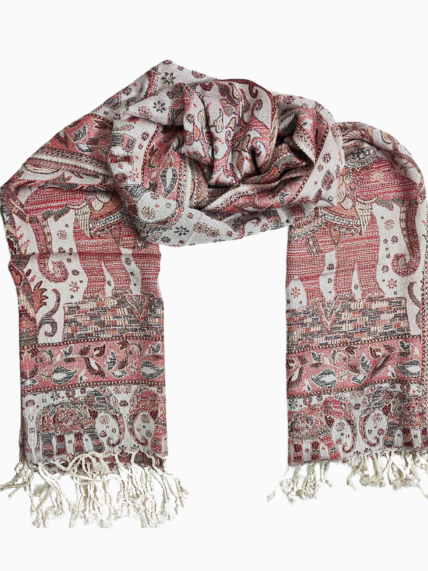Beautiful pashmina shawl with a vibrant design. Reddish White background with intricate floral and elephant motifs in shades of pink and red