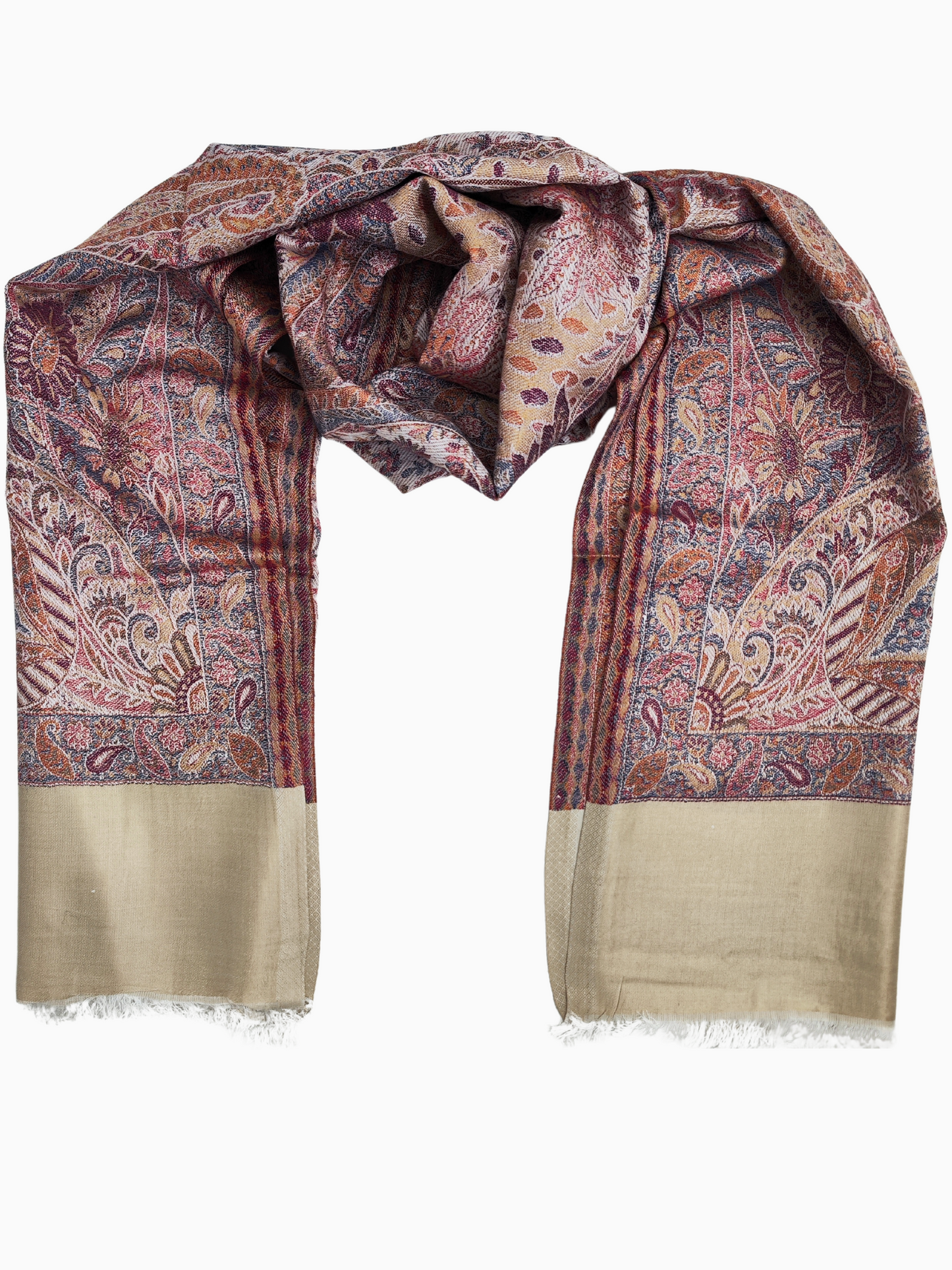 Pashmina Silk blend shawl is a timeless piece of elegance and charm. It showcases a beautifully woven paisley pattern, a design that always stays in style. Multi Colour Pink, purple/Lavander and orange