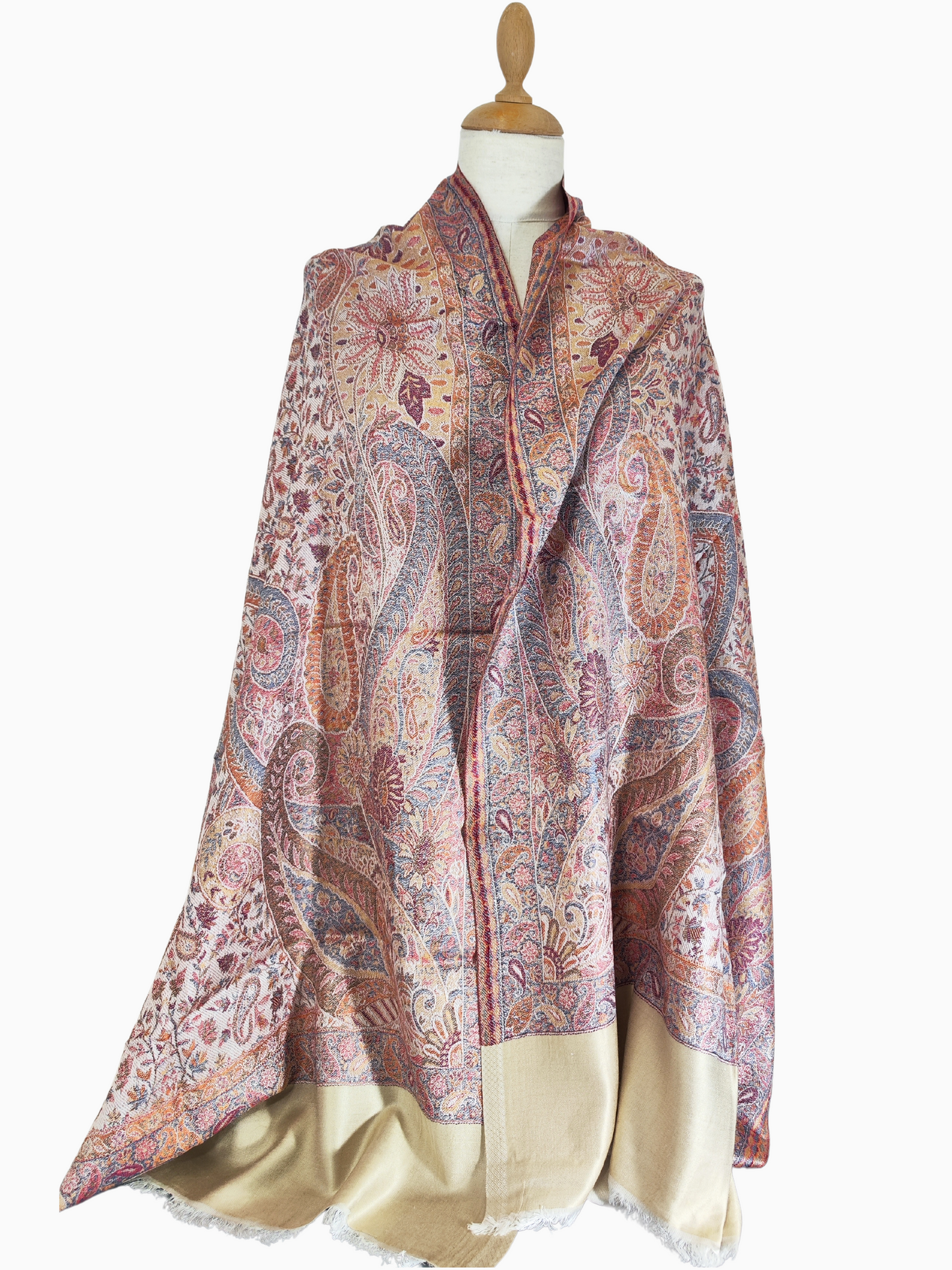 Pashmina Silk blend shawl is a timeless piece of elegance and charm. It showcases a beautifully woven paisley pattern, a design that always stays in style. Multi Colour Pink, purple/Lavander and orange