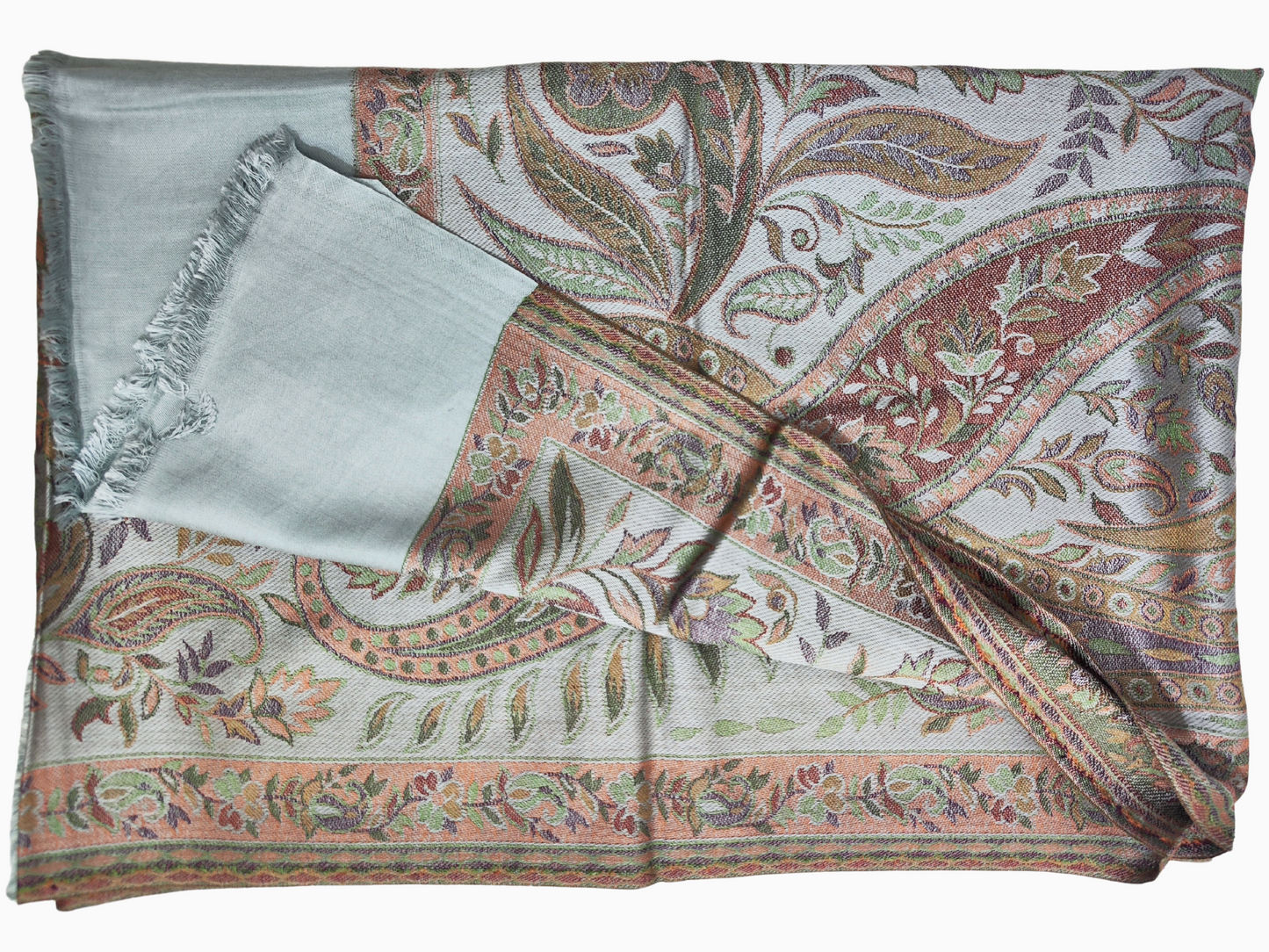 Elegant pashmina shawl with a classic paisley design. This exquisite pashmina shawl features a timeless paisley pattern in rich tones of brown, orange, and green.
