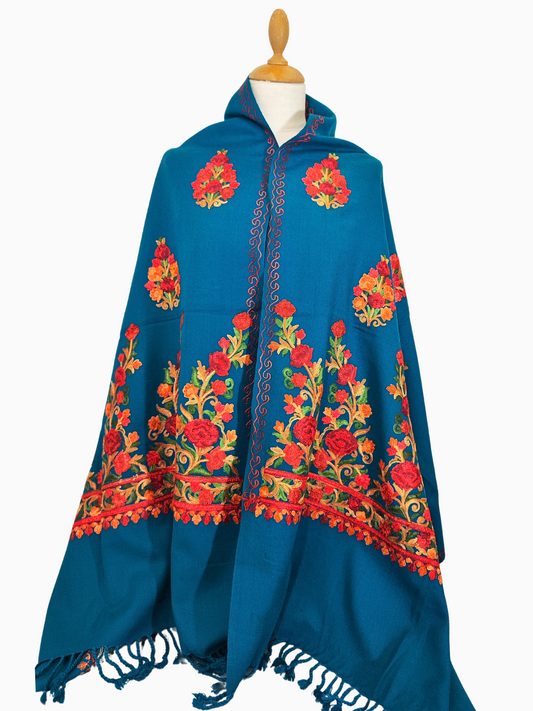 Exquisite Kashmiri Aari Work Hand Embroidered Shawl in Vibrant Teal. Floral design in shades of red and orange, meticulously embroidered using the traditional Aari technique, Pashmina, Indian Shawl, Teal, Pashmina, Cashmere
