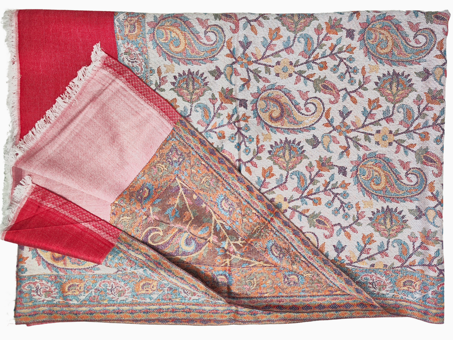 Here are some alt text options for the Pashmina shawl image in Portuguese, incorporating effective SEO:
Option 1 (Focus on Keywords):
"Xale Pashmina com Padrão Floral Paisley em Vermelho, Azul e Verde. Macio, Quente e Luxuoso. Perfeito para o Inverno."
Option 2 (Descriptive and Engaging):
"Motivos paisley intrincados e padrões florais vibrantes adornam este elegante xale Pashmina branco. Um toque de vermelho adiciona um pop de cor. Compre xales Pashmina online