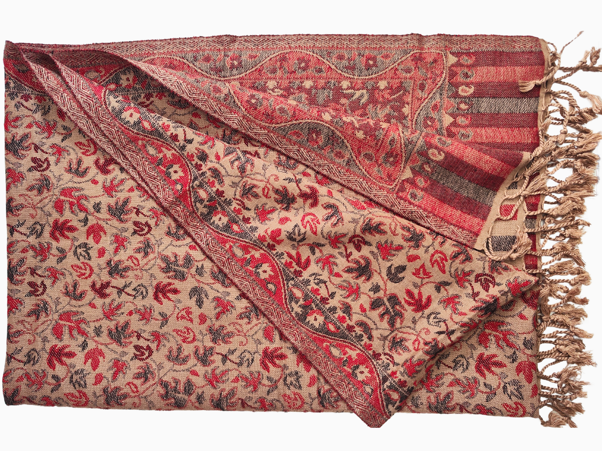 En pashmina-sjal i varma toner av rött, brunt och grädde med ett mönster av blommor och blad.
En lyxig pashmina-sjal med intrikata blom- och bladmotiv, med en rik bård och varma höstfärger.
En mjuk, fin pashmina-sjal i en varm färgpalett, prydd med fina blom- och bladmönster.
En viskning av höst i en pashmina-sjal med varma färger och en fin blomsterdans.