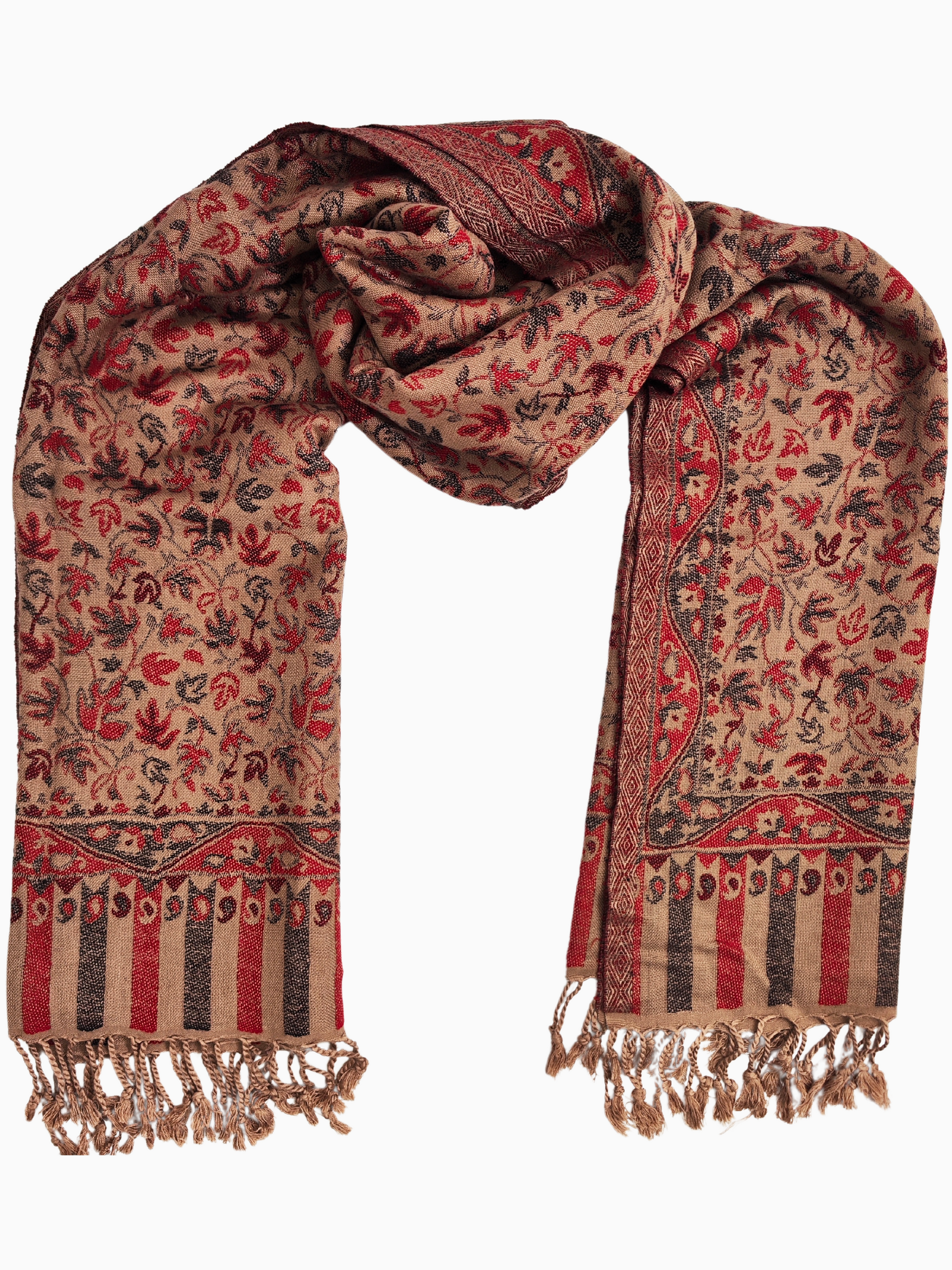 Um xaile de pashmina em tons quentes de vermelho, castanho e creme com um padrão floral e de folhas.
Um luxuoso xaile de pashmina com motivos florais e foliares intrincados, com um rebordo rico e cores quentes de outono.
Um xaile de pashmina macio e fino numa paleta de cores quentes, adornado com delicados motivos florais e de folhas.
Um sussurro do outono num xaile de pashmina, com cores quentes e uma delicada dança floral.
