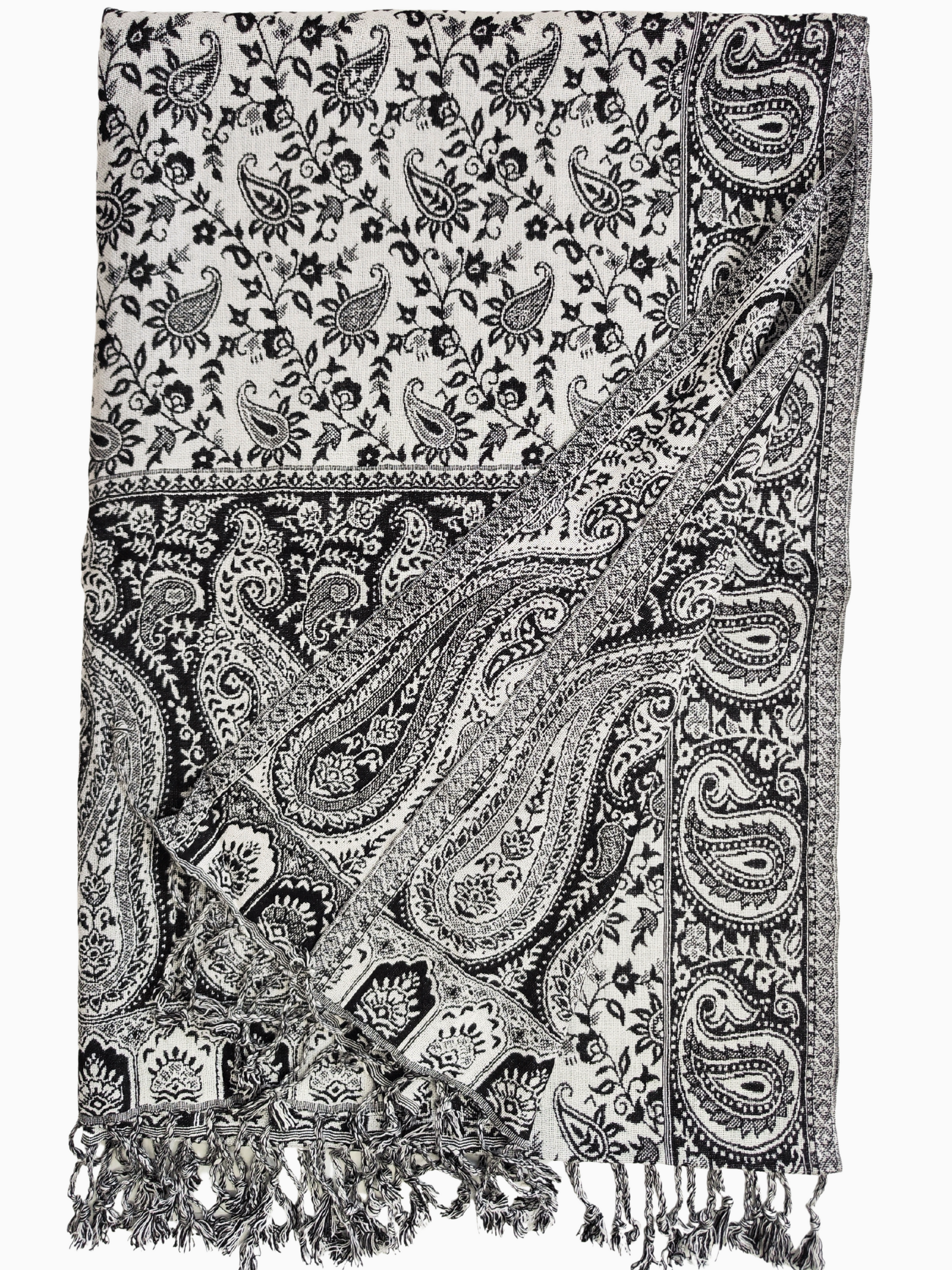 Elegant black & white paisley shawl with floral patterns and fringes. Handwoven unisex boho wrap, lightweight winter scarf – Eleganter Paisley Schal schwarz-weiß mit Blumenmuster & Fransen.