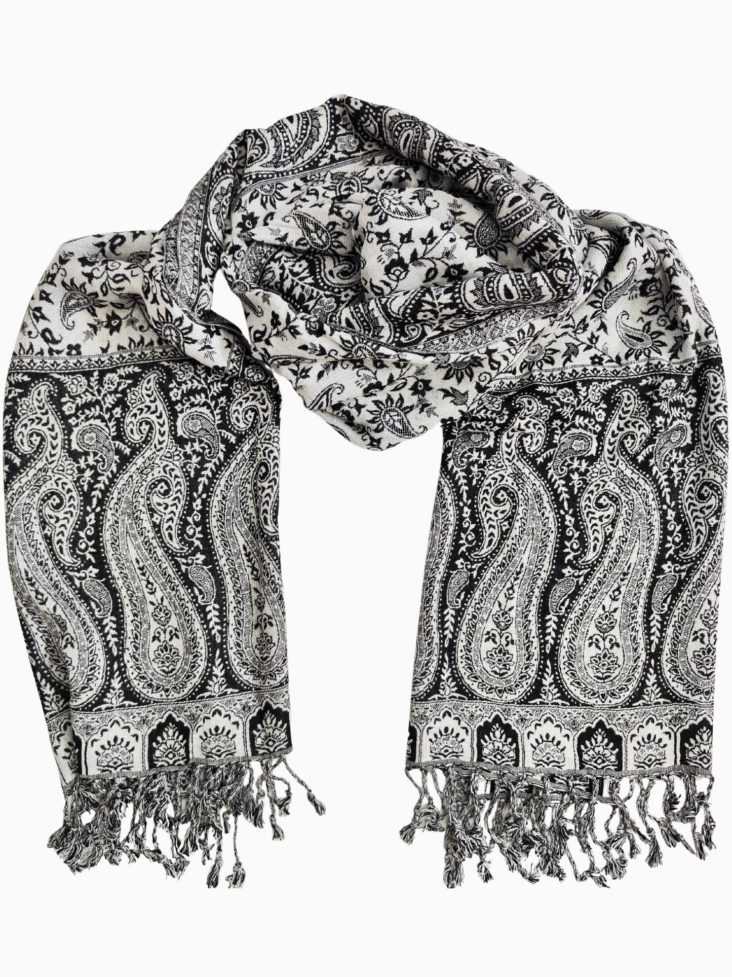 Silk and Cotton blend Handwoven Elegant Black & White Paisley Shawl – Handwoven Boho Scarf with Fringe – Unisex Ethnic Wrap