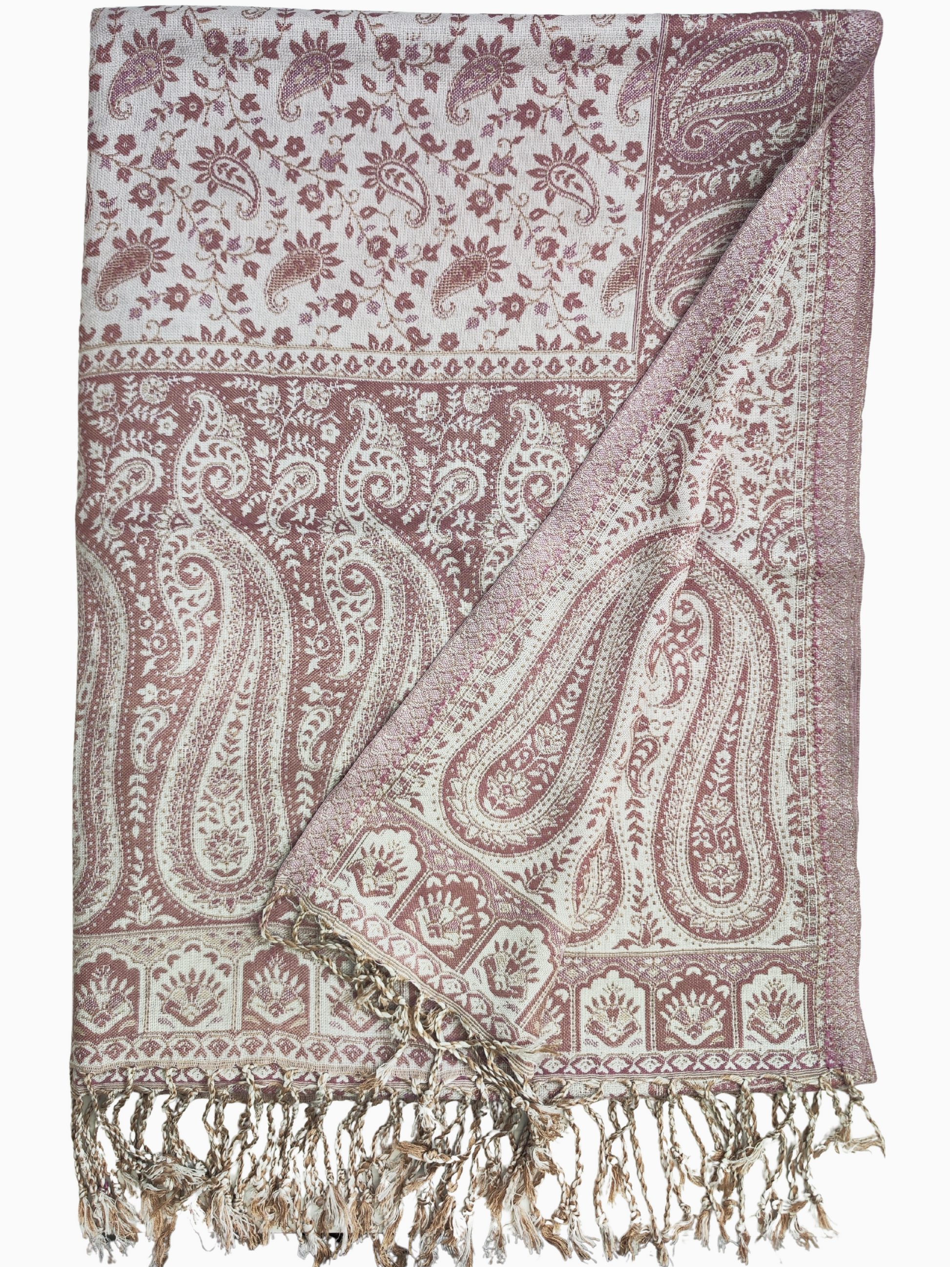 Elegant rose & beige paisley shawl with floral motifs and fringes. Handwoven artisan boho wrap, unisex lightweight scarf – Eleganter Paisley Schal rosa beige mit Blumenmuster & Fransen.