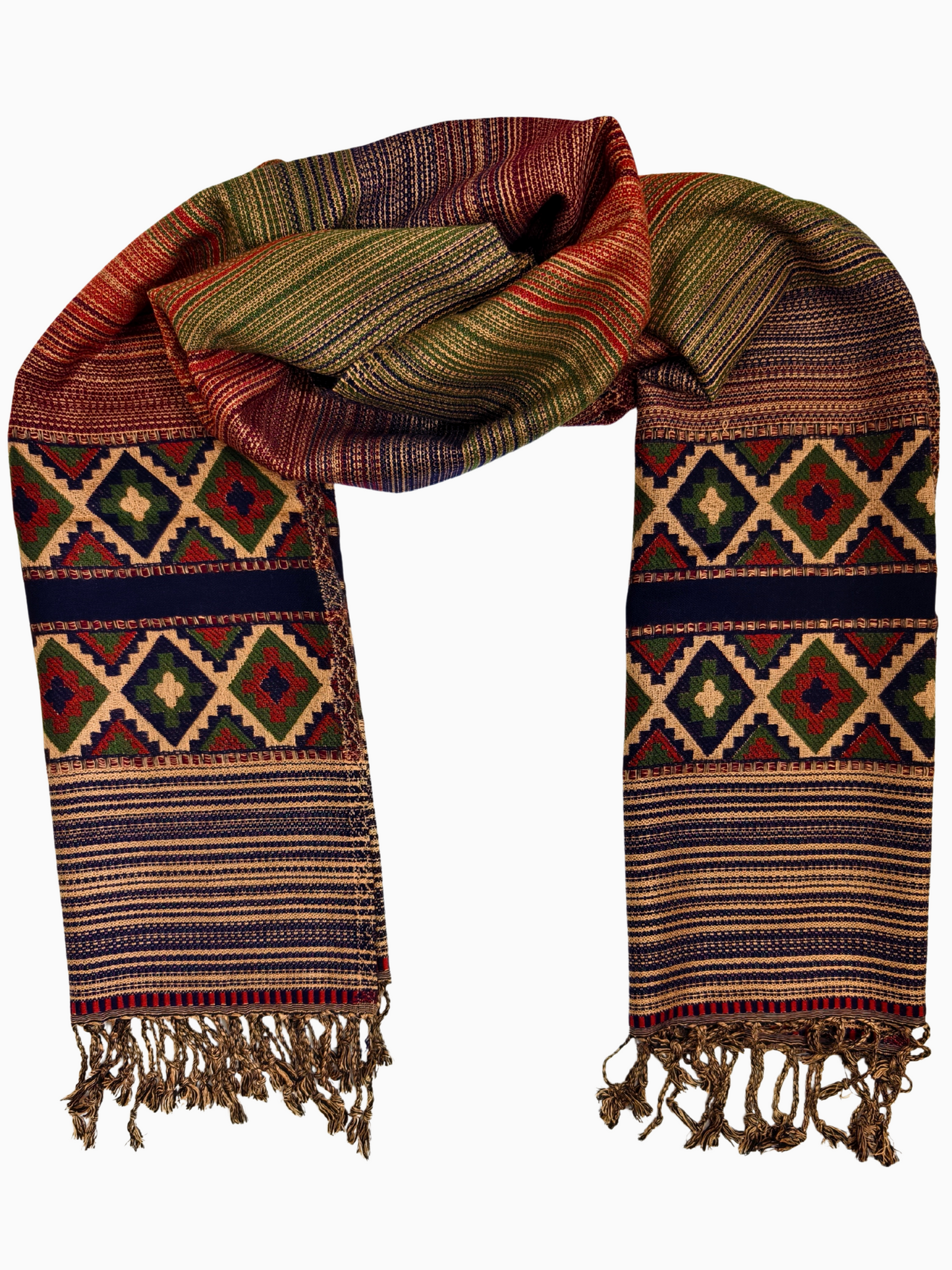 Woven scarf with geometric pattern on a white background
Handwoven boho tribal shawl with multicolor stripes, geometric diamond patterns, and tassels. Ethnic wrap scarf handmade for men & women – Handgewebter Boho Schal mit Streifen, Rauten & Quasten.
Indien India Wool Warm