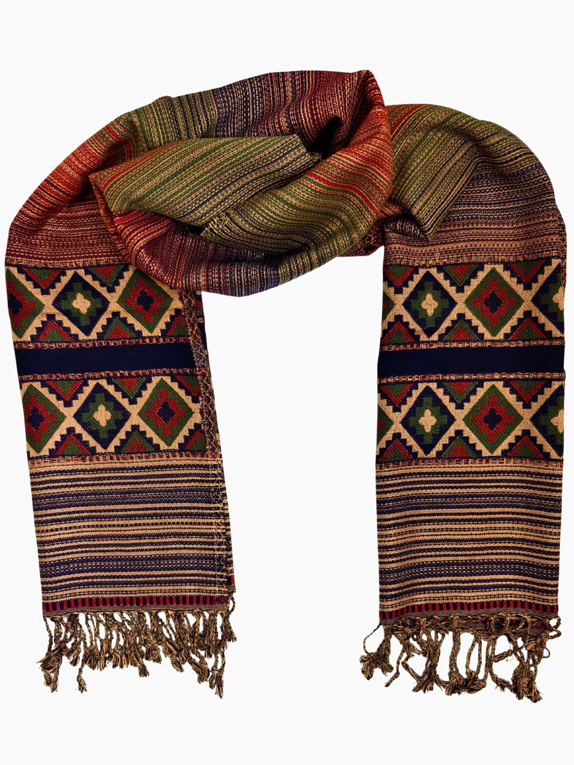 Woven scarf with geometric pattern on a white background
Handwoven boho tribal shawl with multicolor stripes, geometric diamond patterns, and tassels. Ethnic wrap scarf handmade for men & women – Handgewebter Boho Schal mit Streifen, Rauten & Quasten.
Indien India Wool Warm