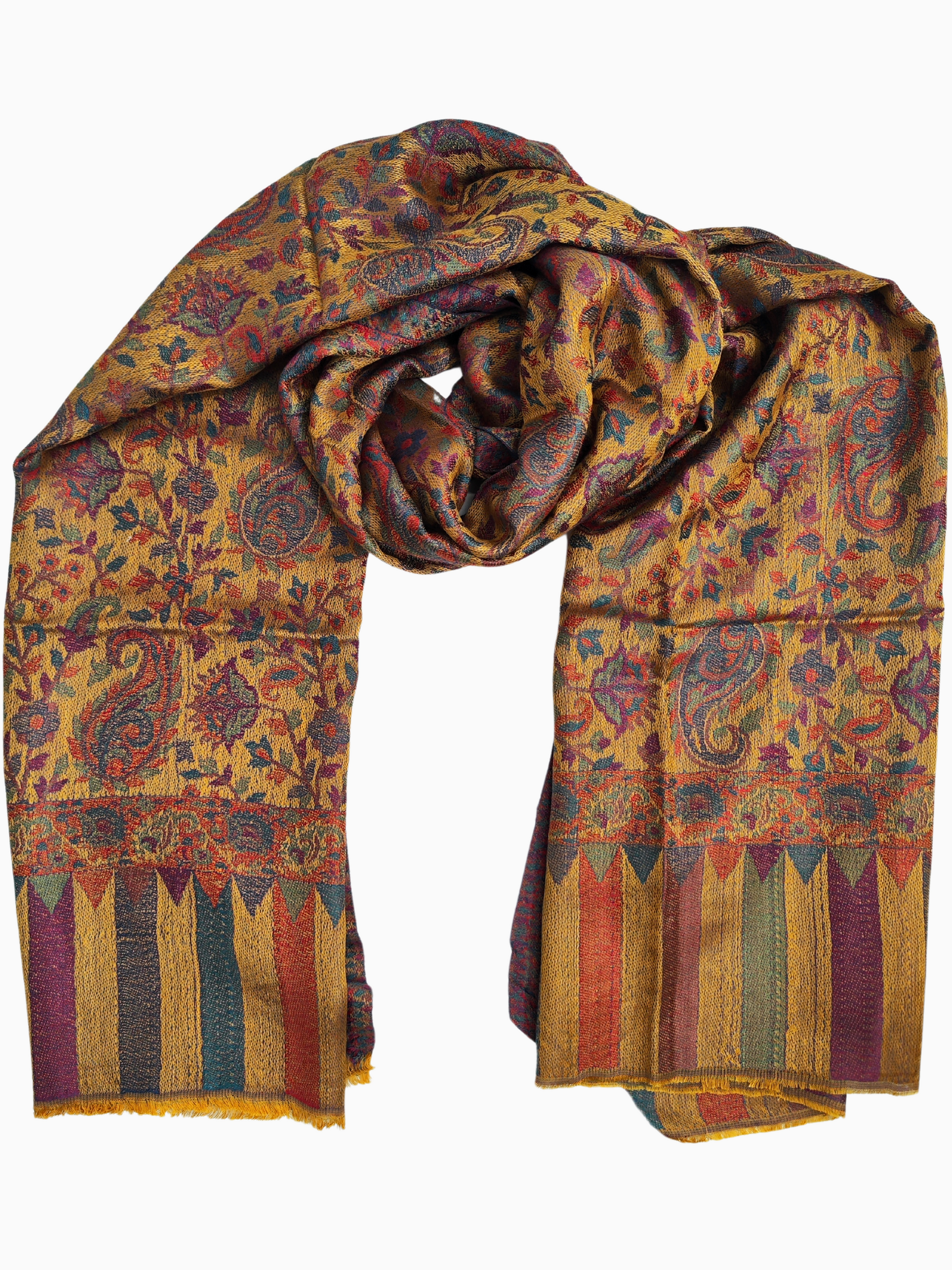 Dieser atemberaubende Schal aus einer Pashmina-Seidenmischung ist ein lebhaftes Meisterwerk traditioneller Handwerkskunst. Der Stoff, eine luxuriöse Kombination aus der Wärme von Pashmina und dem Glanz von Seide, fällt elegant und fühlt sich außergewöhnlich weich auf der Haut an. Der Schal ist überwiegend sonnengelb, strahlt Wärme und Positivität aus und ist mit aufwendigen Paisleymotiven in satten Rot-, Blau- und Grüntönen verziert. Diese zeitlosen, fein gewebten Muster verleihen dem Stück einen Hauch von