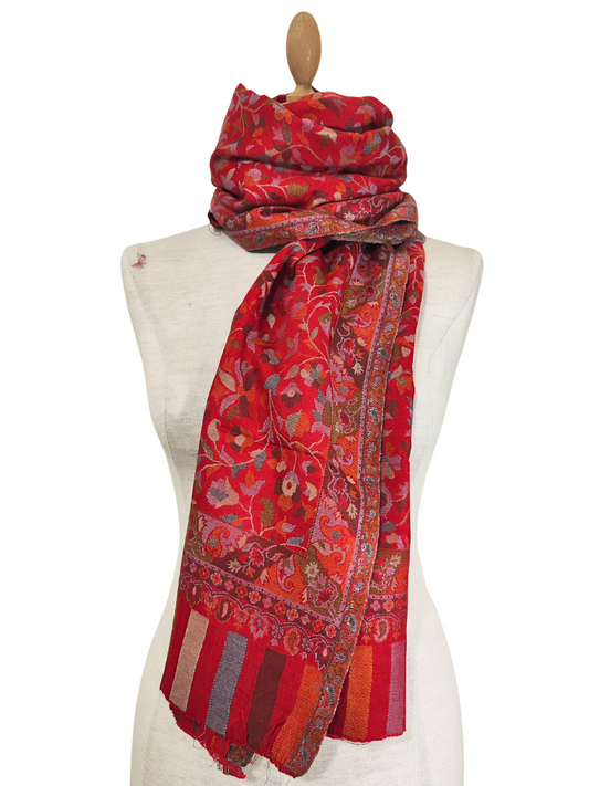 Silk, Cotton and wool blend Stole-Scarf-Wrap in Red Self Pattern Print Autumn collection 2024