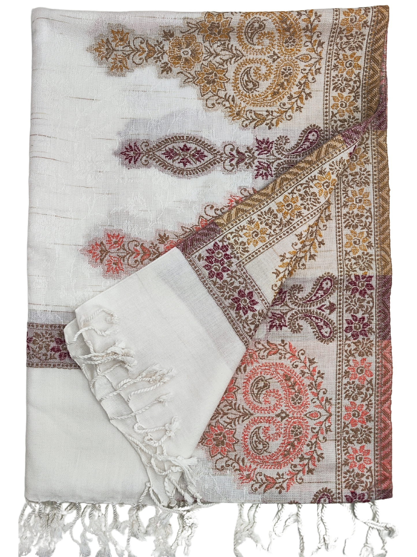 Exquisite white shawl is a masterpiece of woven artistry. It features a captivating paisley pattern that adds elegance to any outfit.