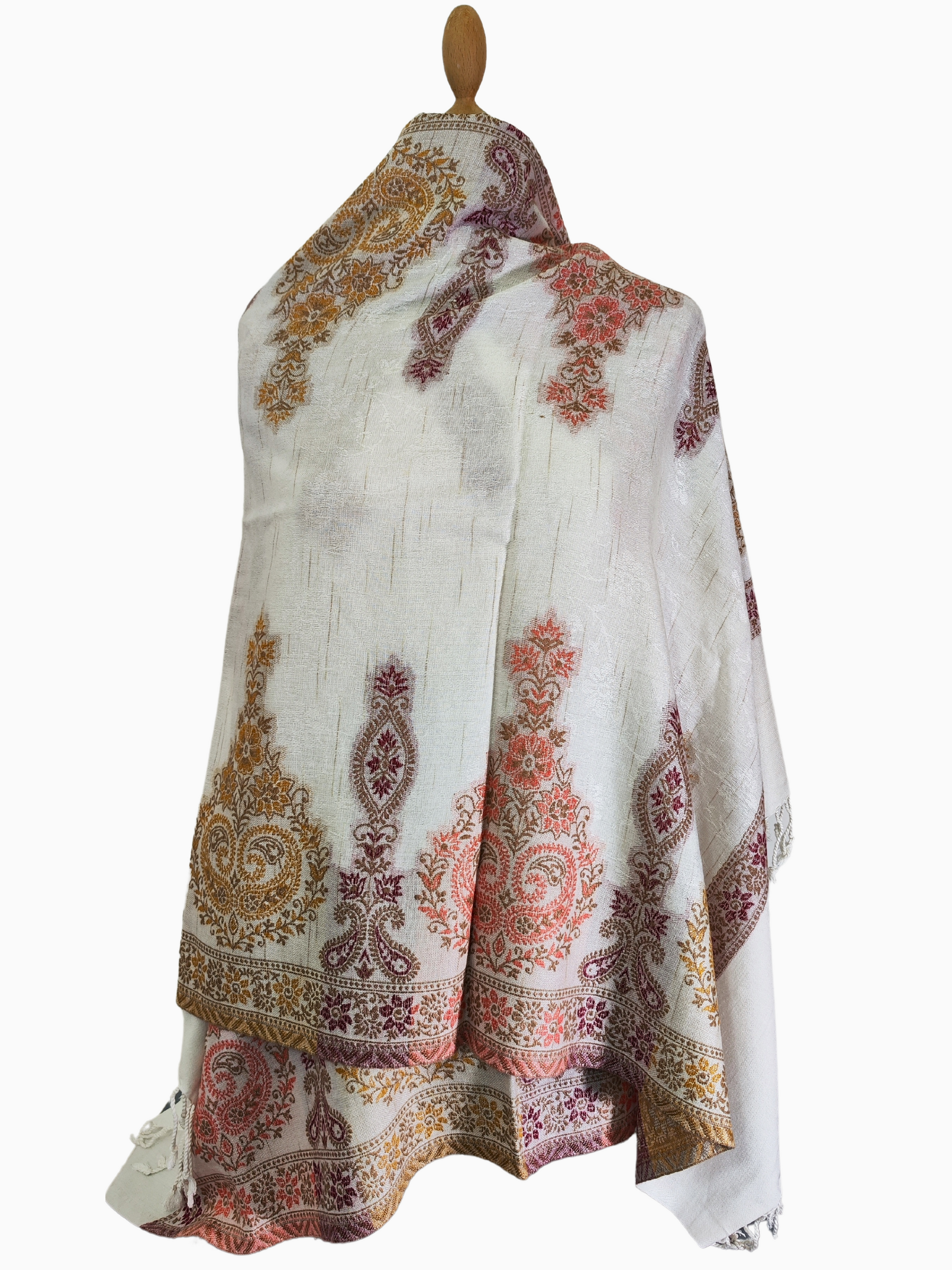 White shawl with colorful paisley pattern Woven paisley shawl