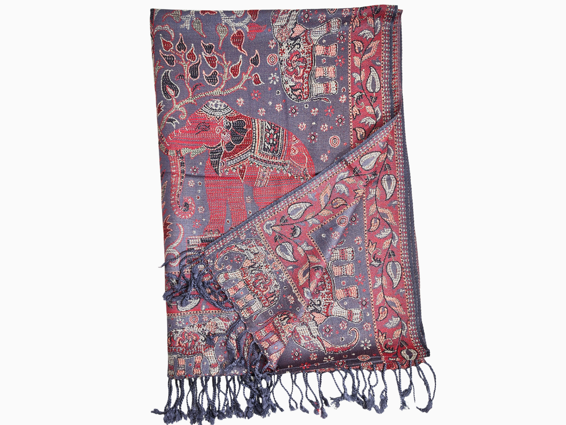 Scialle di pashmina intricato a sfondo viola, con disegni di elefanti e fiori rossi, oro e blu e nappe.
Lussuoso scialle in pashmina con un'accattivante miscela di viola, rosso, oro e blu, ornato da eleganti motivi elefantiaci e floreali e rifinito con nappe.
