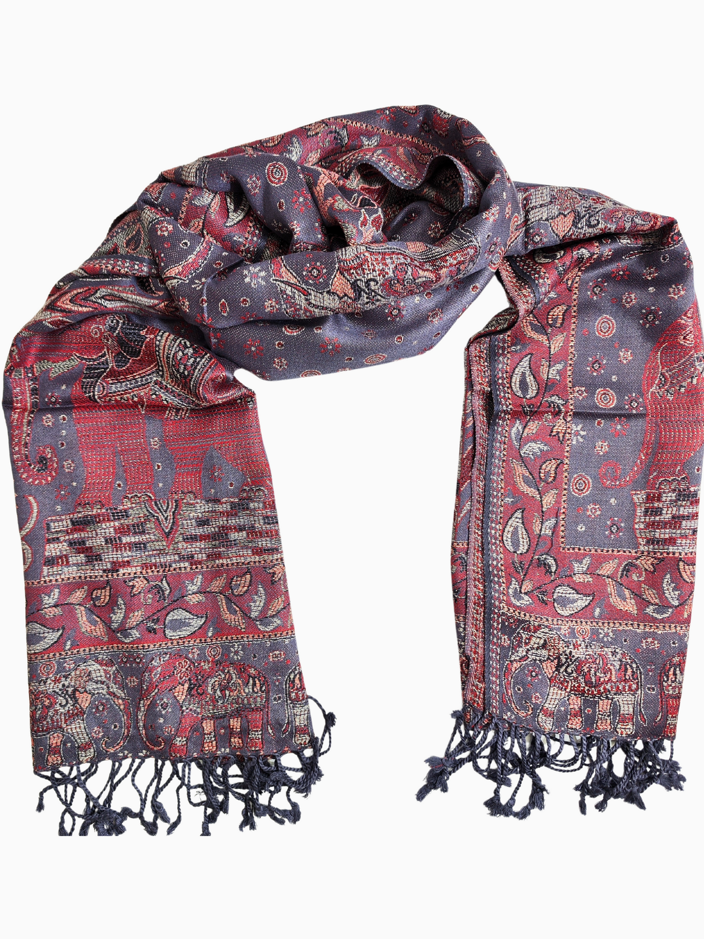 Chal de pashmina de intrincado tejido con fondo morado, adornado con motivos florales y de elefantes en rojo, dorado y azul, y rematado con borlas.
Lujoso chal de pashmina con una cautivadora mezcla de púrpura, rojo, dorado y azul, adornado con elegantes motivos florales y de elefantes y rematado con borlas.
