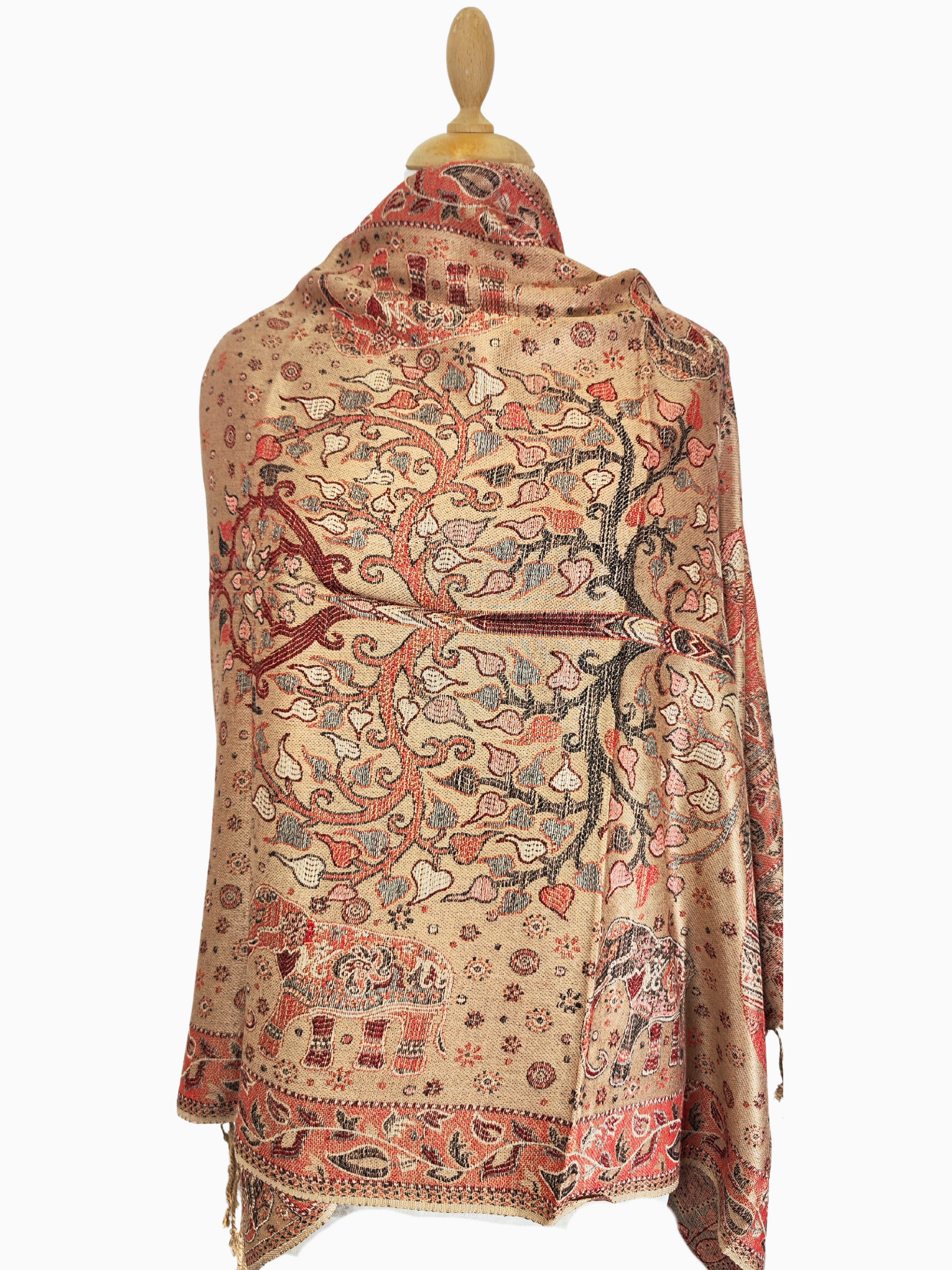 Beautiful pashmina shawl with a vibrant design. It has a predominantly Beige background with intricate floral and elephant motifs in shades of red, gold, and blue. Shawl Gift Christmas Stole Scarf