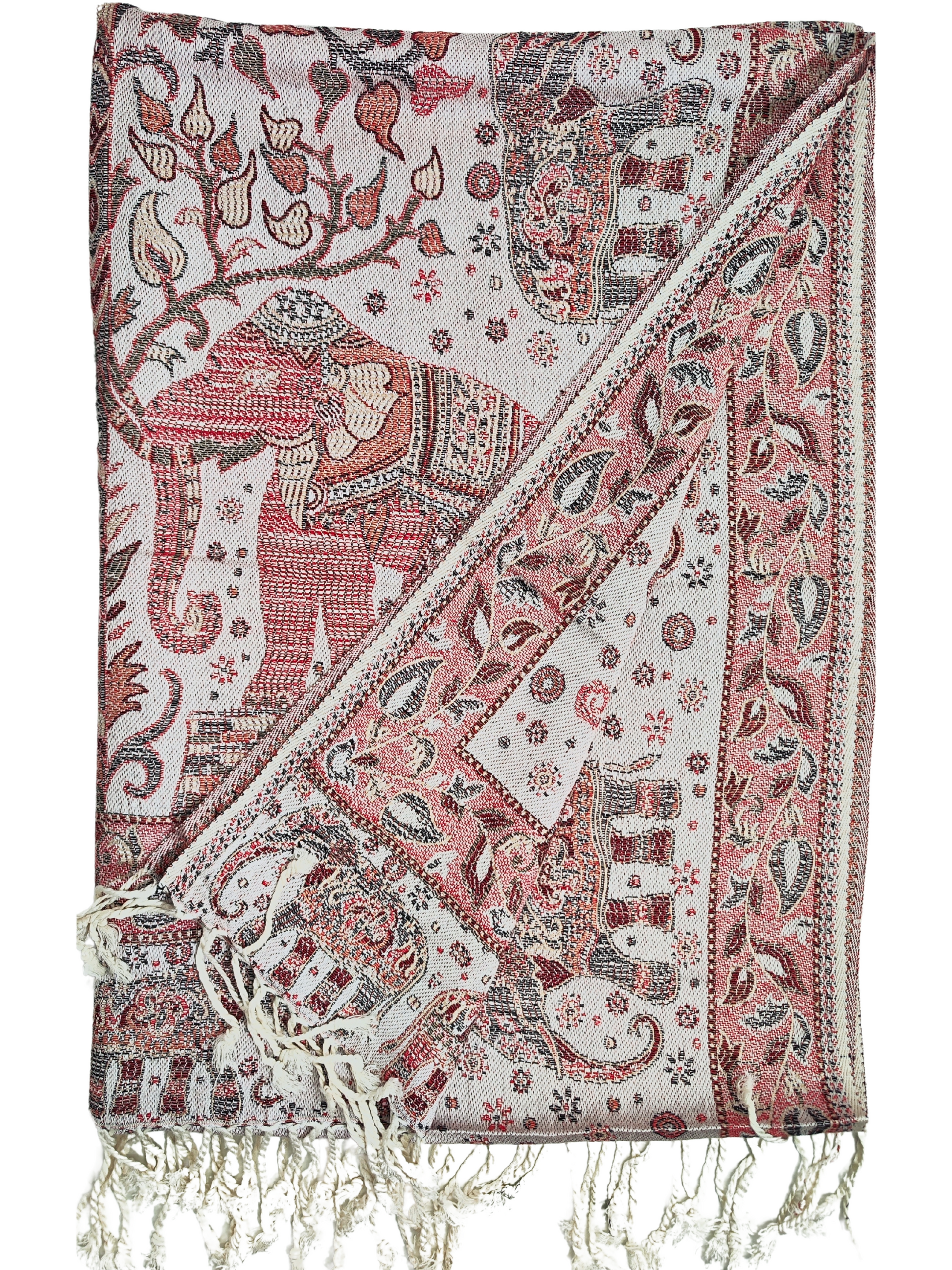 Aufwendig gewebter Pashmina-Schal mit rötlich-weißem Hintergrund, mit rosa und roten Elefanten- und Blumenmotiven und Quasten.
Luxuriöser Pashmina-Schal mit einer bezaubernden Mischung aus rötlich-weiß, rosa und rot, verziert mit eleganten Elefanten- und Blumenmotiven und Quasten.