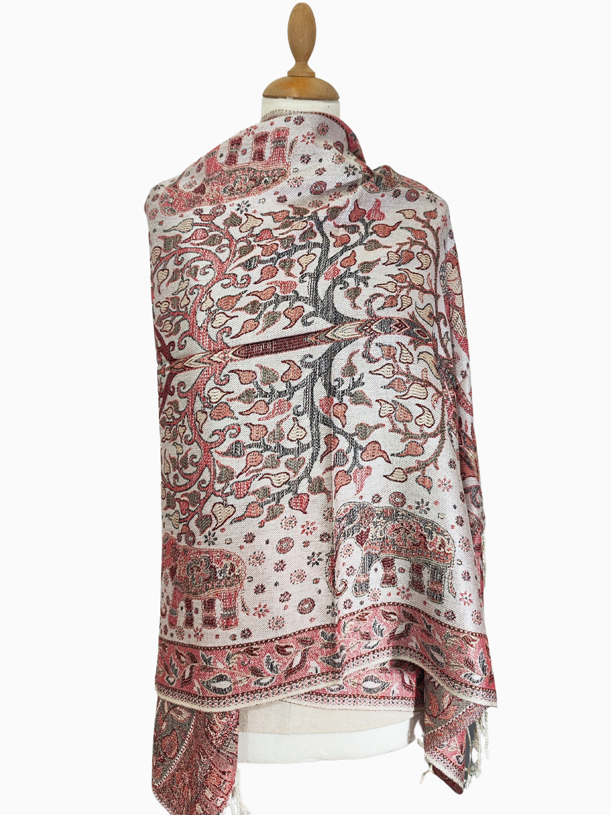 Beautiful pashmina shawl with a vibrant design. It has a predominantly Beige background with intricate floral and elephant motifs in shades of pink and red. Scarf, Stole, Wrap for winters