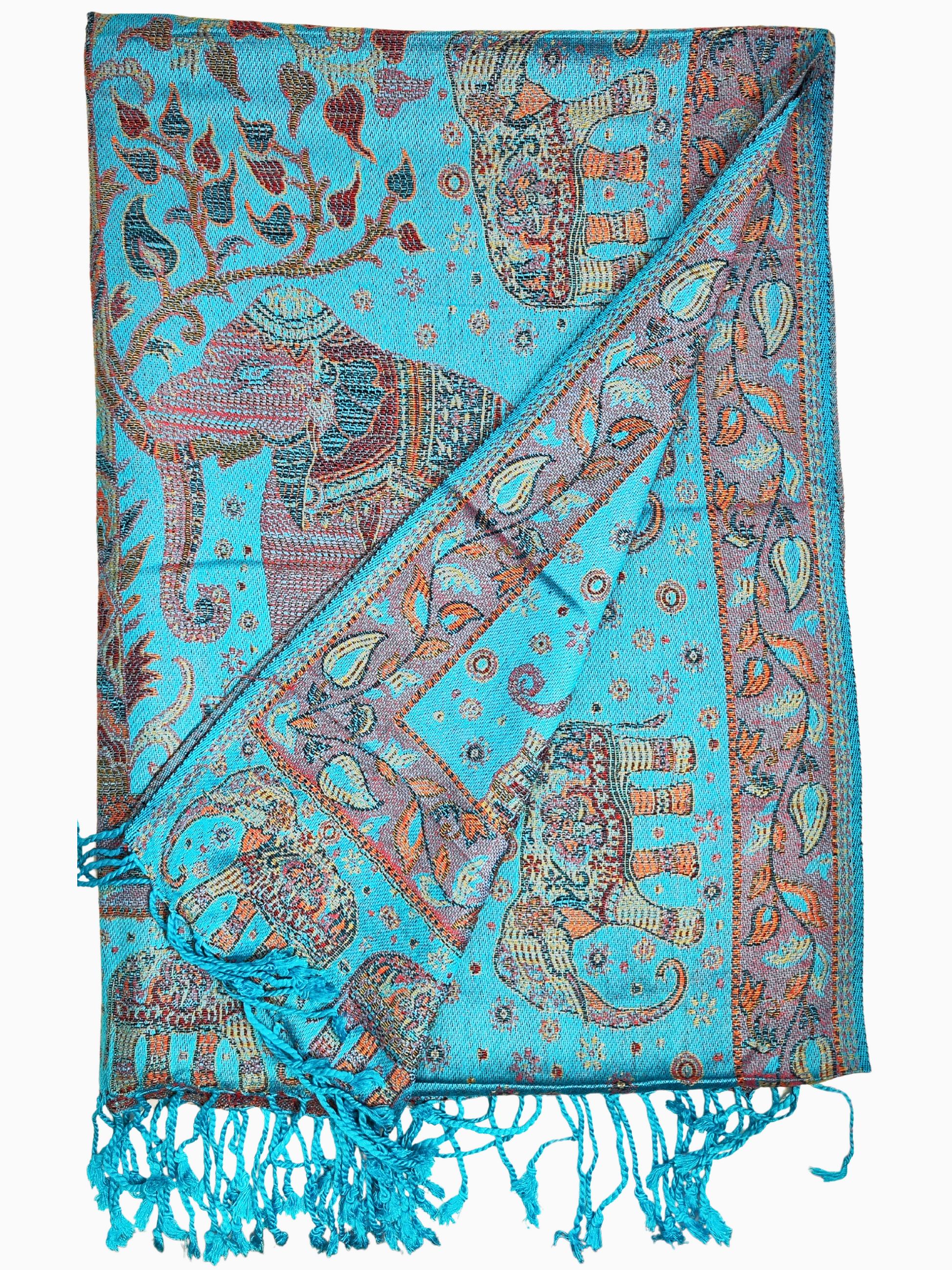 Traduzione diL'immagine mostra un bellissimo scialle di pashmina con un vibrante sfondo turchese e intricati motivi di elefanti e fiori nei toni dell'arancio, del rosa e del blu. Lo scialle ha nappe alle estremità e sembra essere realizzato in un tessuto morbido e lussuoso.