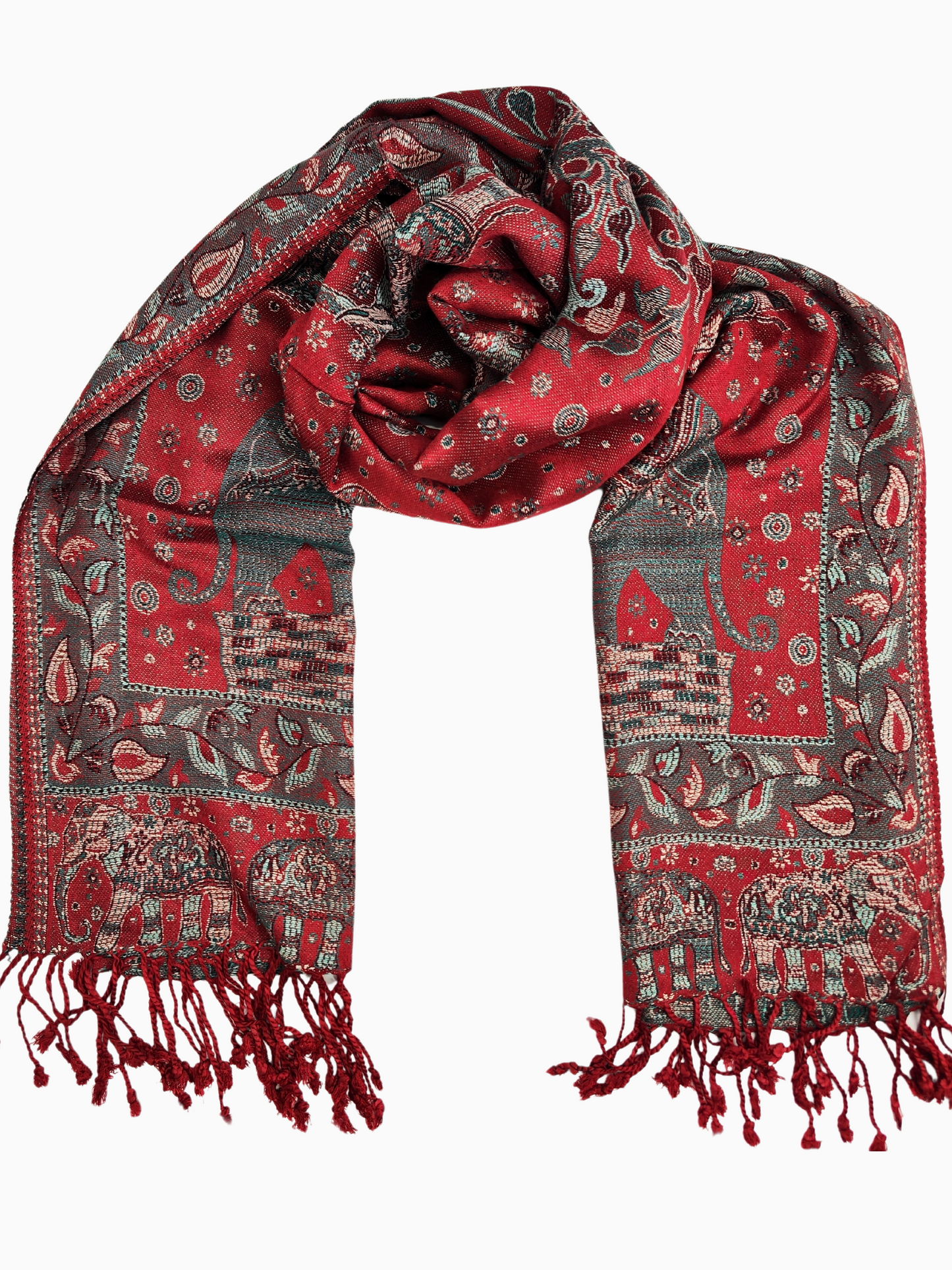 scialle in pashmina
scialle rosso
motivo elefante
motivo floreale
scialle con frange
moda etnica
moda indiana
accessorio di lusso
moda invernale
idea regalo