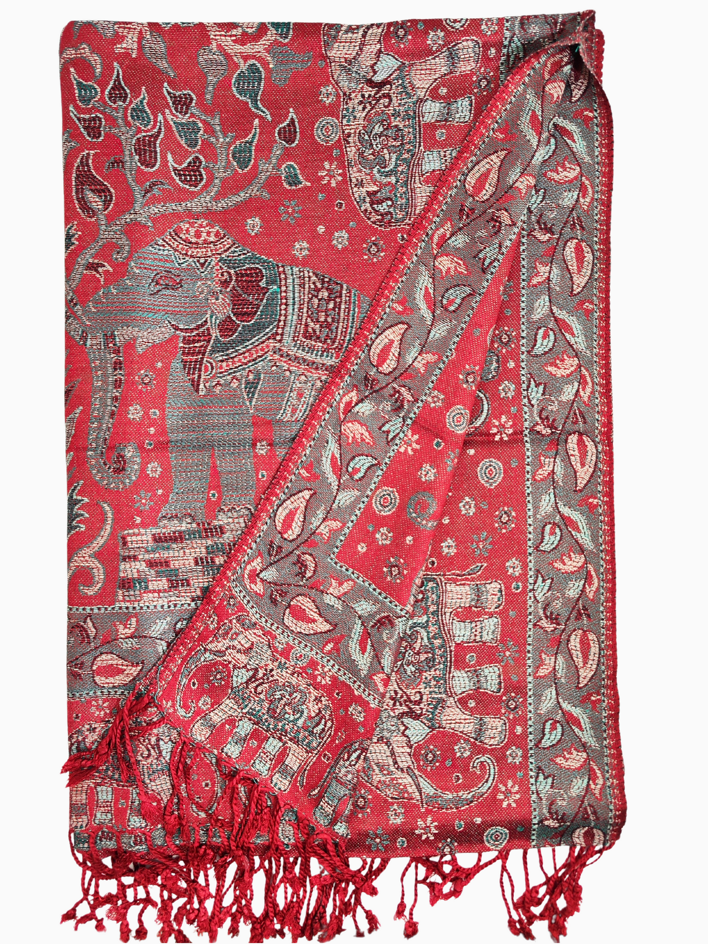 xaile pashmina
xaile vermelho
motivo de elefante
padrão floral
xaile com franjas
moda étnica
moda indiana
acessório de luxo
moda de inverno
ideia de presente