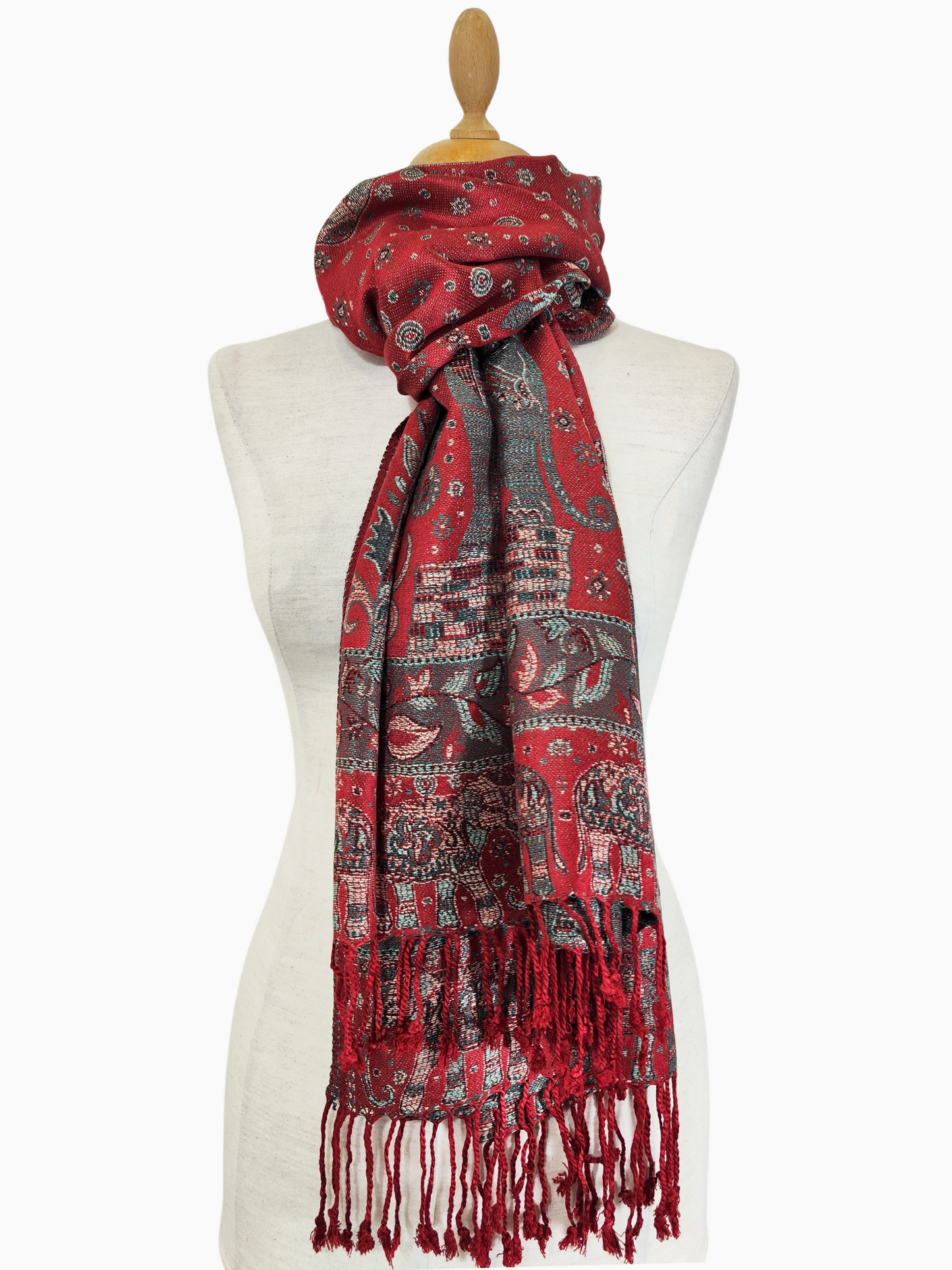 pashmina sjaal
rode sjaal
olifant motief
bloemenmotief
sjaal met franjes
etnische mode
Indiase mode
luxe accessoire
wintermode
cadeau-idee