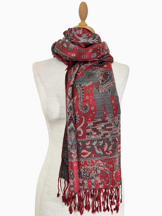 Pashmina-Schal
roter Schal
Elefantenmotiv
florales Muster
Fransenschal
ethnische Mode
Indische Mode
Luxus-Accessoire
Wintermode
Geschenkidee