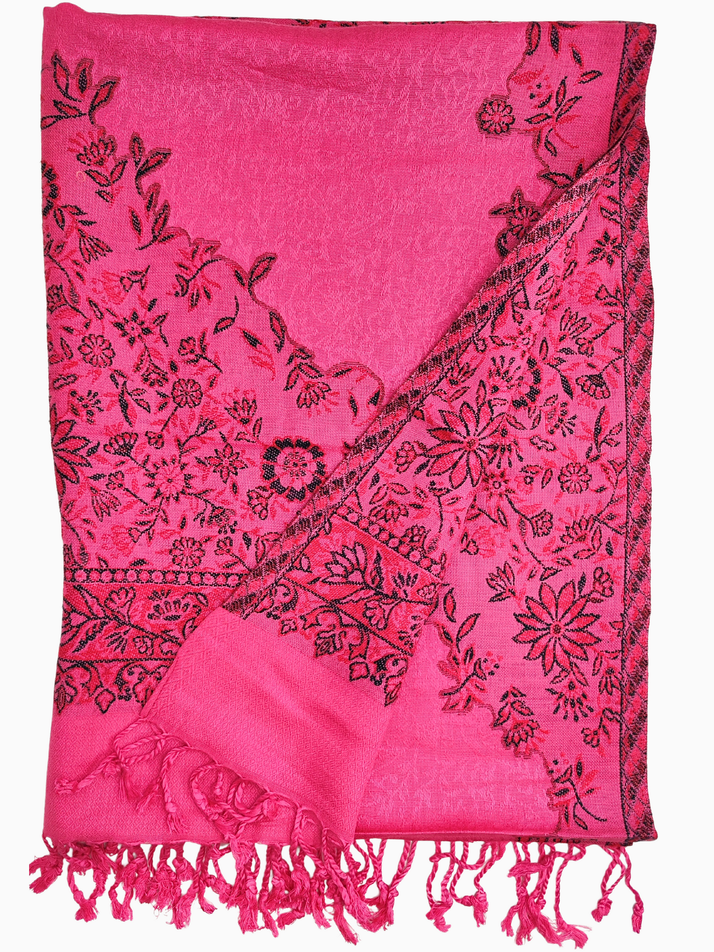 A vibrant pink pashmina shawl adorned with intricate black floral motifs. The shawl features a fringed edge and is elegantly draped over a mannequin. This luxurious accessory is perfect for adding a touch of ethnic flair to any outfit.