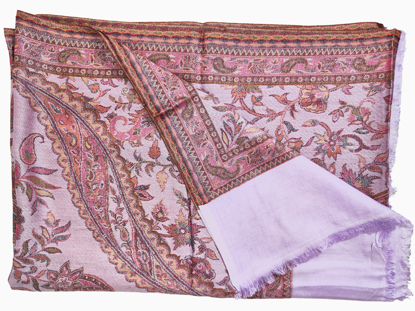 Beidseitig bedruckter Paisley-Schal in Pink, Lila und Orange. Aus einer hochwertigen Seiden- und Wollmischung gefertigt, ist dieser Schal leicht und dennoch warm