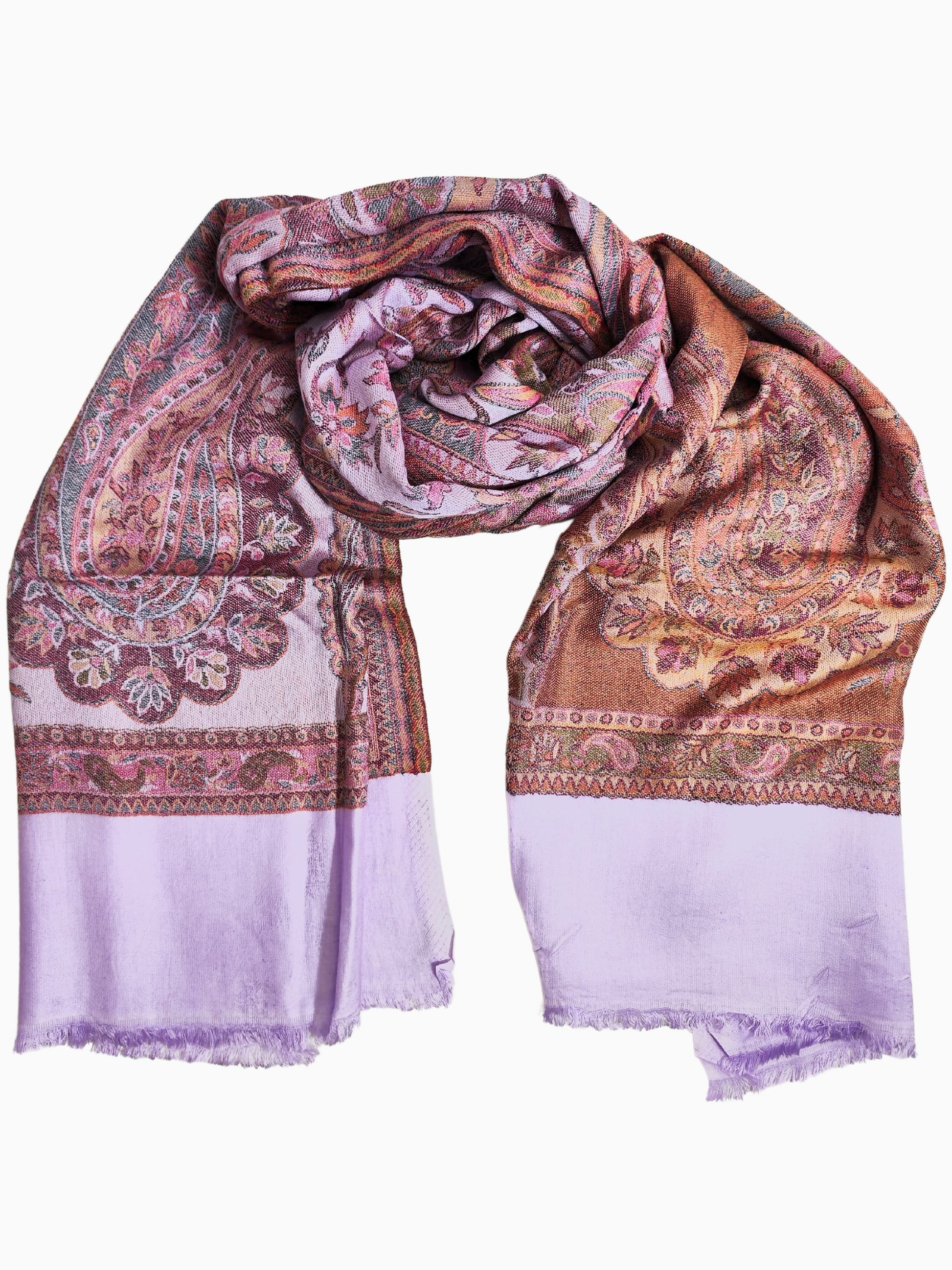 Scialle Paisley double-face in rosa, viola e arancione
Scialle leggero e caldo in misto seta e lana
Vibrante motivo Paisley su un tessuto morbido e lussuoso