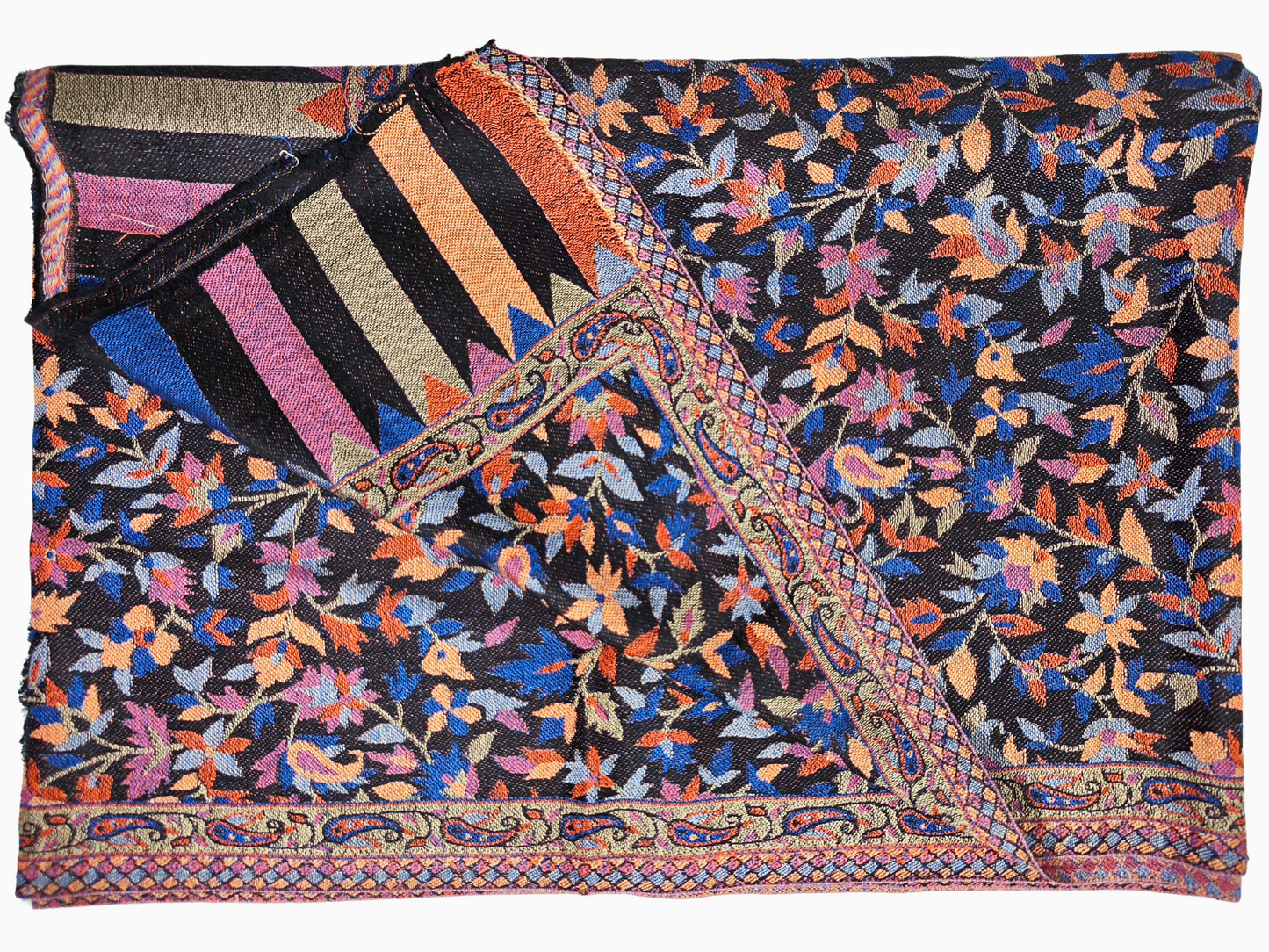 Scialle in pashmina (cashmere) nero con motivi floreali nei toni del rosa, arancio, blu e giallo. Lo scialle ha un bordo con frange e una bordura con un motivo geometrico. Scialle ricamato scialle tessuto a mano scialle indiano scialle boemo