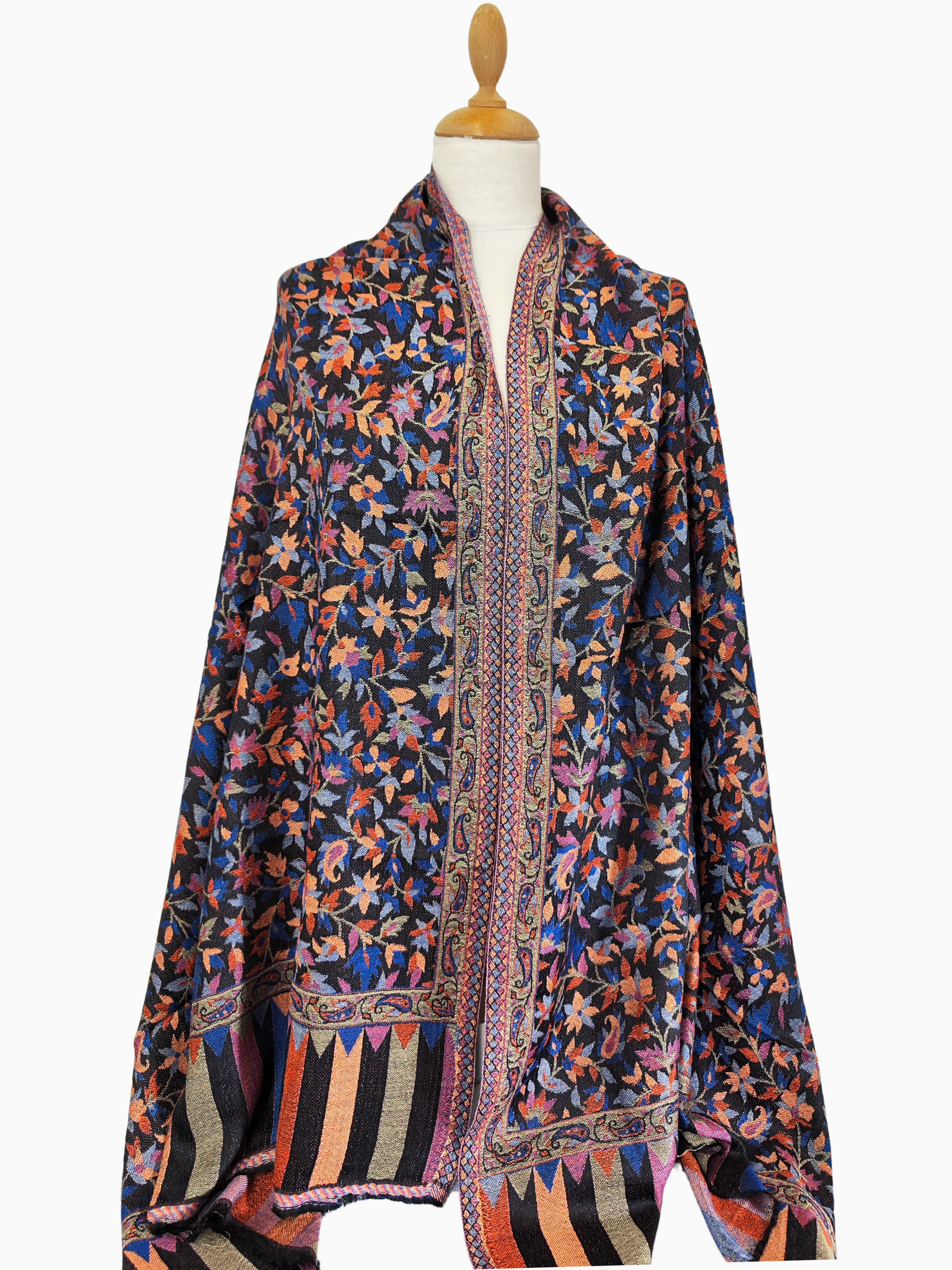 Black Pashmina (Cashmere) Shawl with floral patterns in shades of pink, orange, blue, and yellow. The shawl has a fringed edge and a border with a geometric pattern. Embroidered shawl handwoven shawl Indian shawl Bohemian shawl