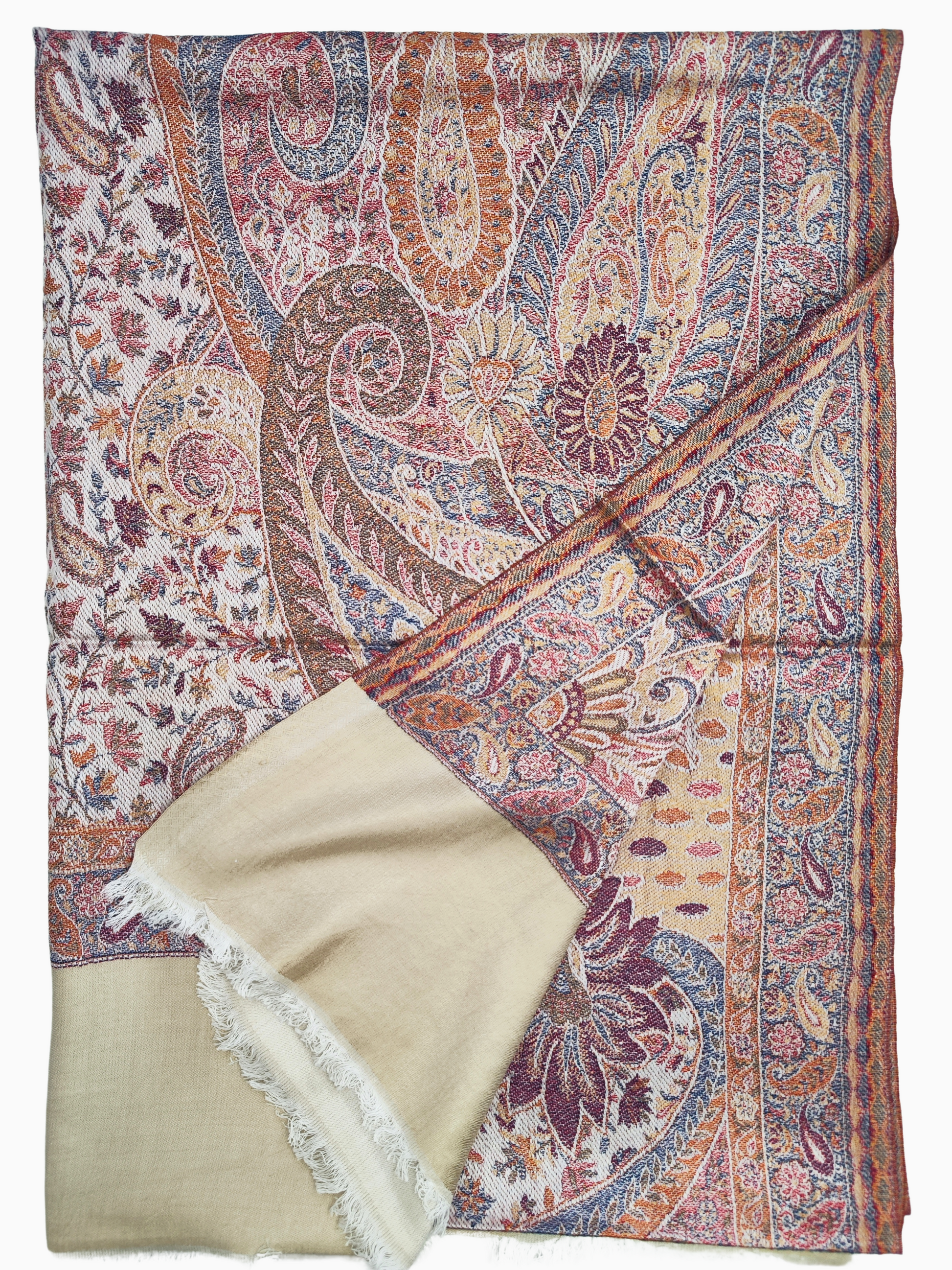 Pashmina Silk blend shawl is a timeless piece of elegance and charm. It showcases a beautifully woven paisley pattern.  Multi Colour Pink, purple/Lavander and orange