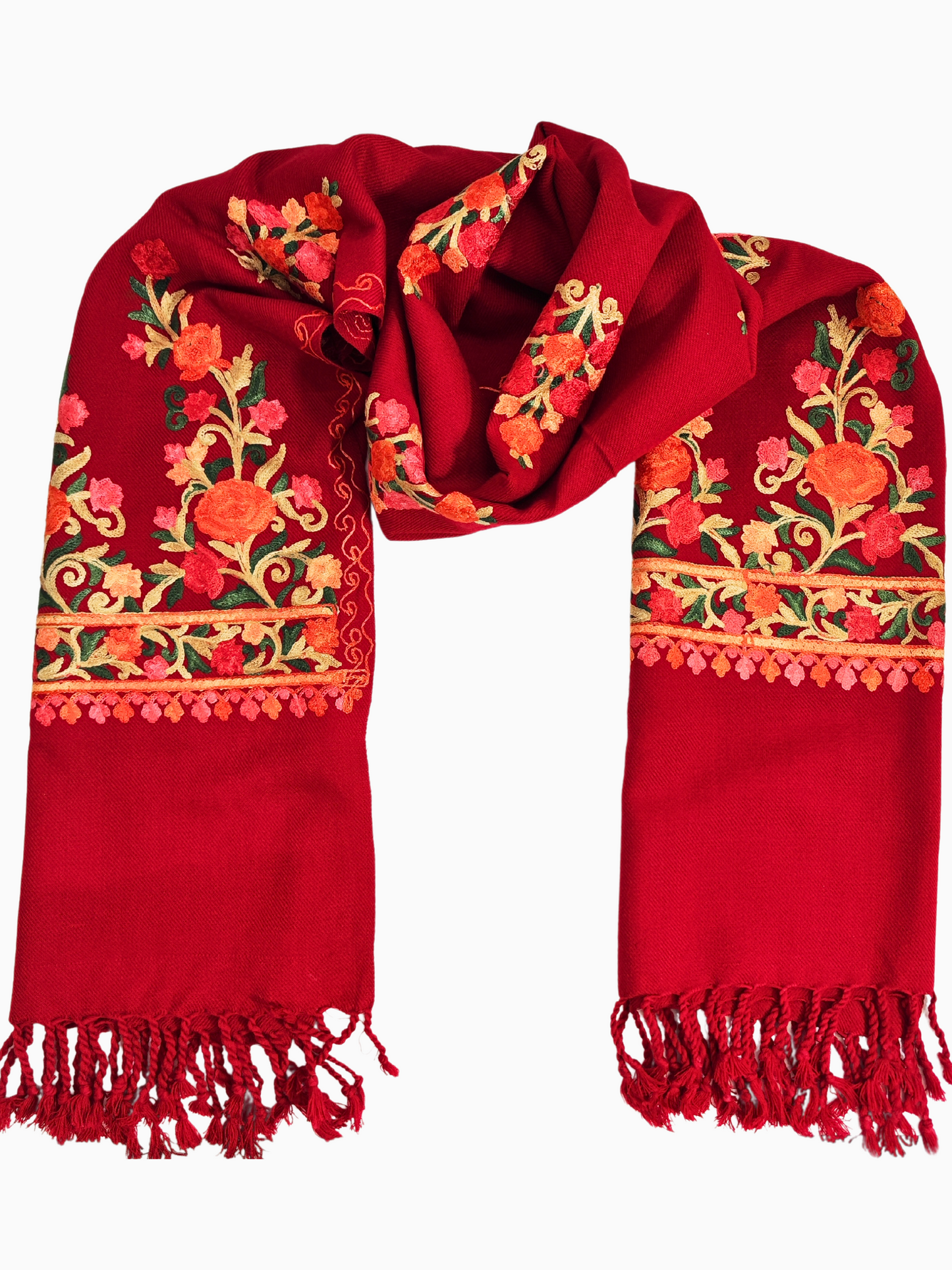 Handbestickter Pashmina Schal
Rot-Goldene Stickerei
Hochwertiger Kaschmir
Eleganter Schal für Damen
Wintermode
Festliches Accessoire
Traditionelles Handwerk
Fair Trade Produkt