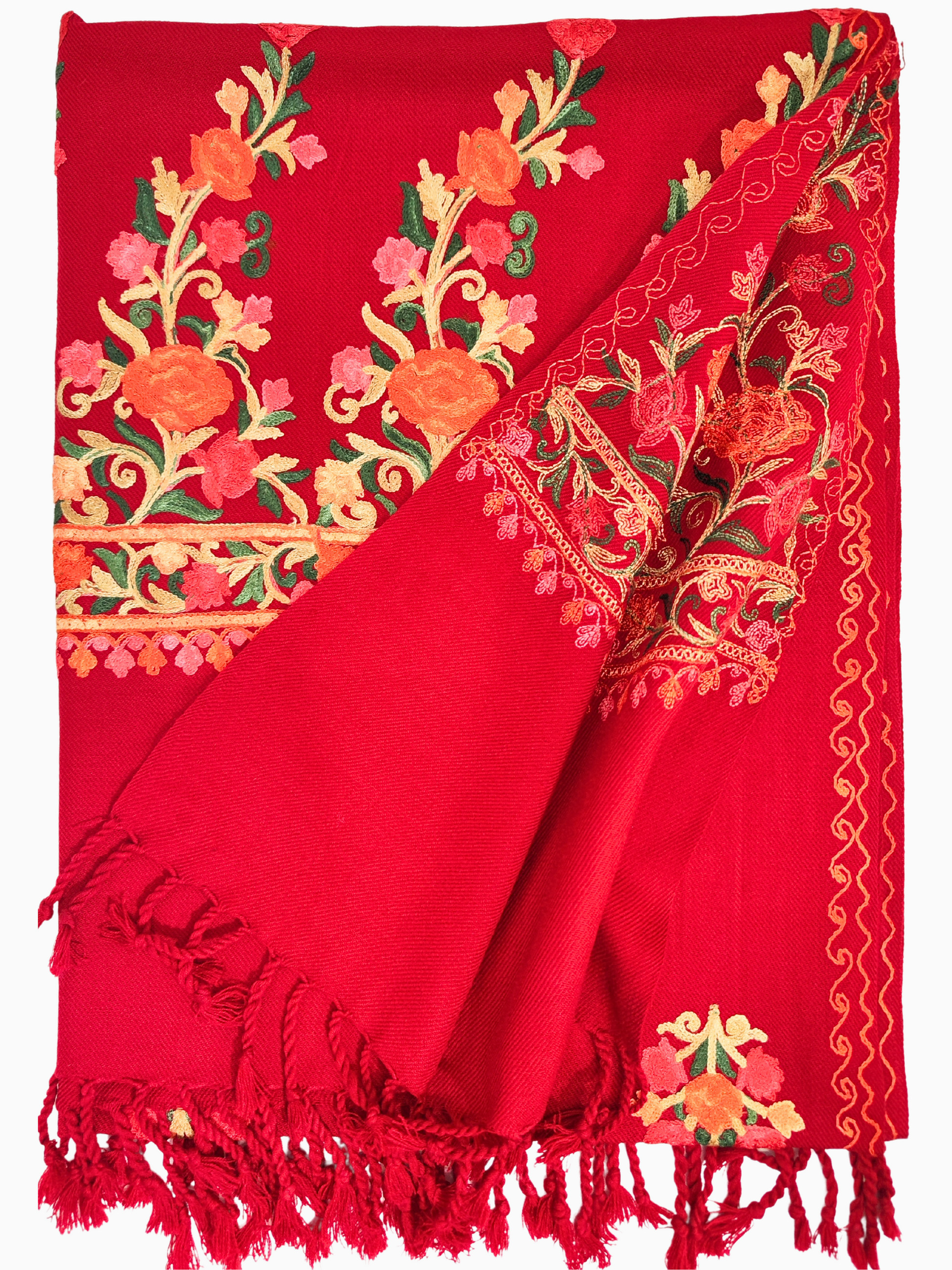 A luxurious red Pashmina shawl featuring intricate floral embroidery in shades of orange, yellow, green, and pink.
A beautiful handmade Pashmina shawl with a high collar and fringed border, adorned with delicate floral embroidery.