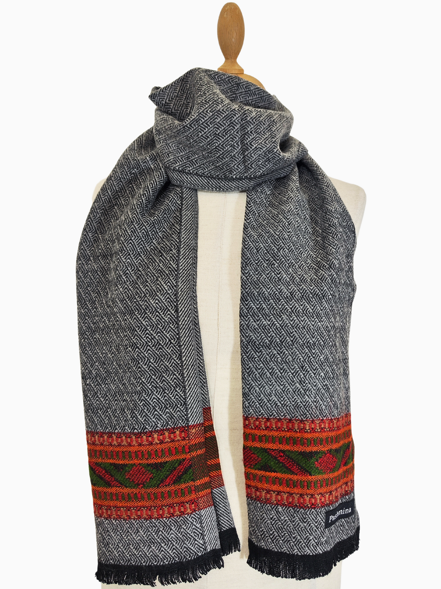 Light Grey Woollen Scarf: Tribal Pattern, Warm Winter Accessory Vintage Tribal Scarf: Boho Chic & Cozy for Cold Weather