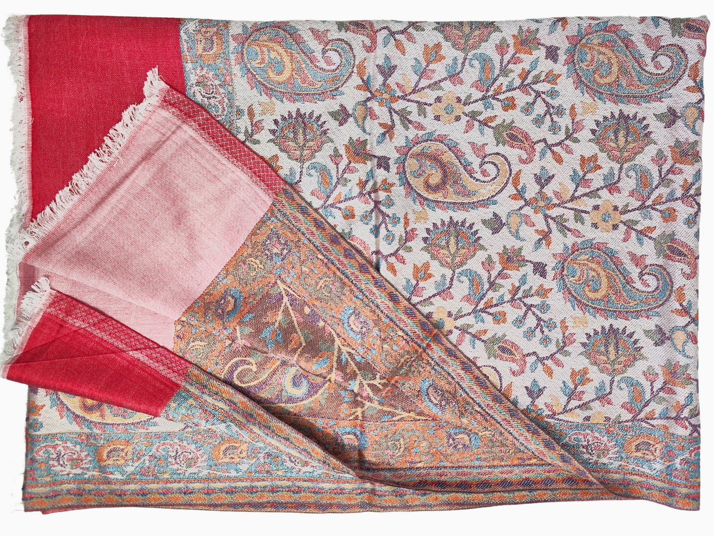 Here are some alt text options for the Pashmina shawl image in Portuguese, incorporating effective SEO:

Option 1 (Focus on Keywords):

"Xale Pashmina com Padrão Floral Paisley em Vermelho, Azul e Verde. Macio, Quente e Luxuoso. Perfeito para o Inverno."

Option 2 (Descriptive and Engaging):

"Motivos paisley intrincados e padrões florais vibrantes adornam este elegante xale Pashmina branco. Um toque de vermelho adiciona um pop de cor. Compre xales Pashmina online