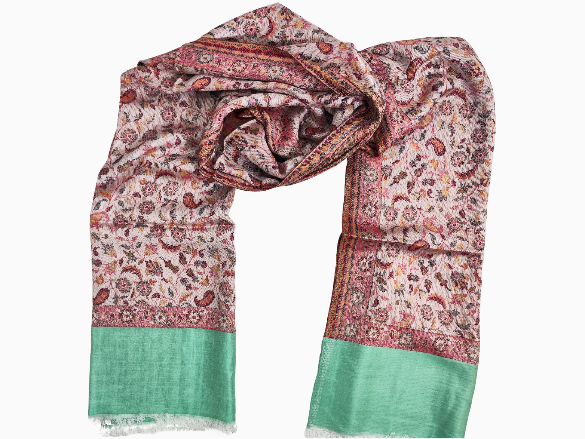 Scialle di pashmina vibrante, ricamo intricato, sfondo bianco, bordo verde. Scialle di pashmina floreale, caldo accessorio invernale, stile elegante, idea regalo. Vibrante bordo verde, lavoro floreale multicolore