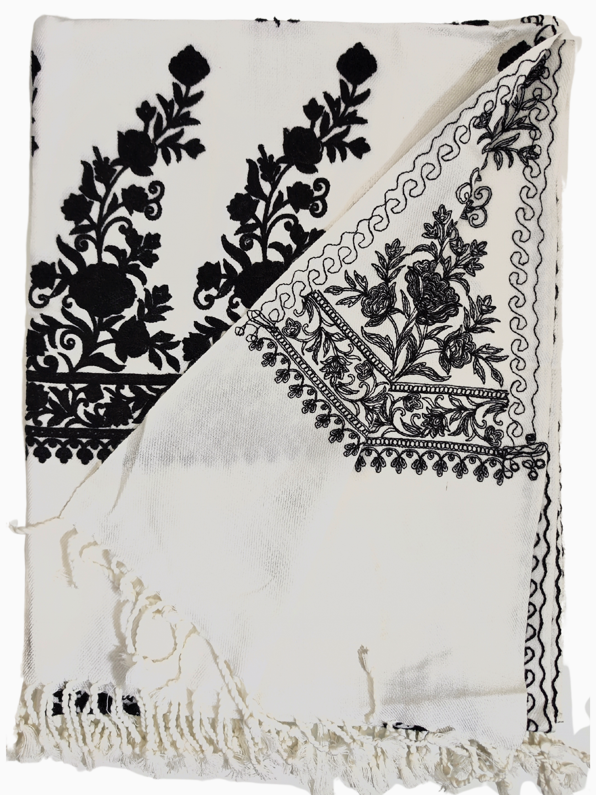 Aari embroidered woollen shawl from Kashmir, featuring intricate floral motifs on a white background. A luxurious woollen shawl from Kashmir, showcasing intricate Aari embroidery with delicate floral motifs. The white shawl features black embroidery and a fringed edge. Aari embroidery shawl. Kashmir shawl. woollen shawl. embroidered shawl. Indian shawl. Pashmina shawl 