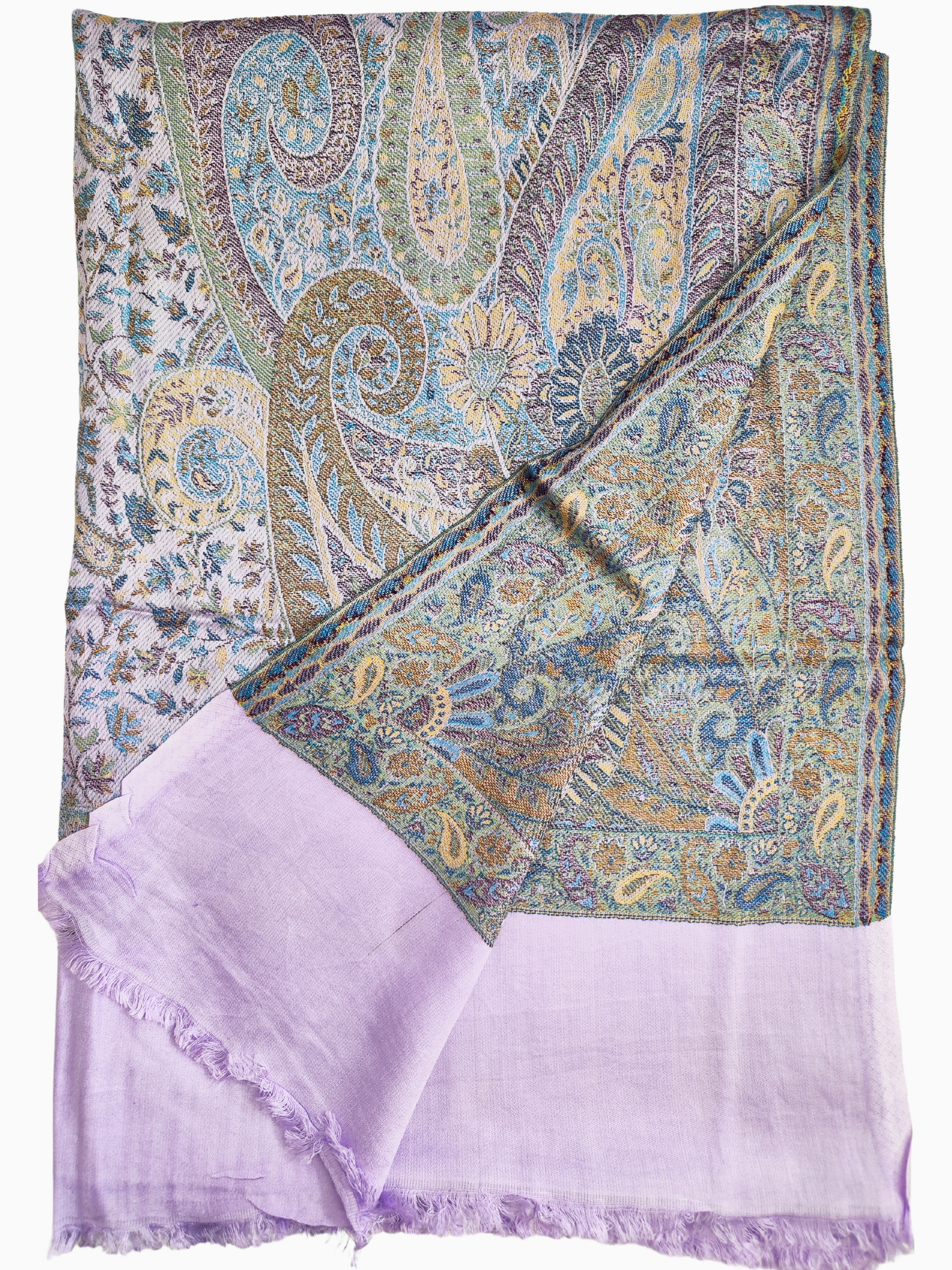 A rectangular shawl with a vibrant peacock design, featuring muted colors like purple, blue, and yellow. Luxurious Silk-Wool Blend Pashmina Shawl with Intricate Paisley Design, Light and Warm, Stylish, fashion, Reversable shawl