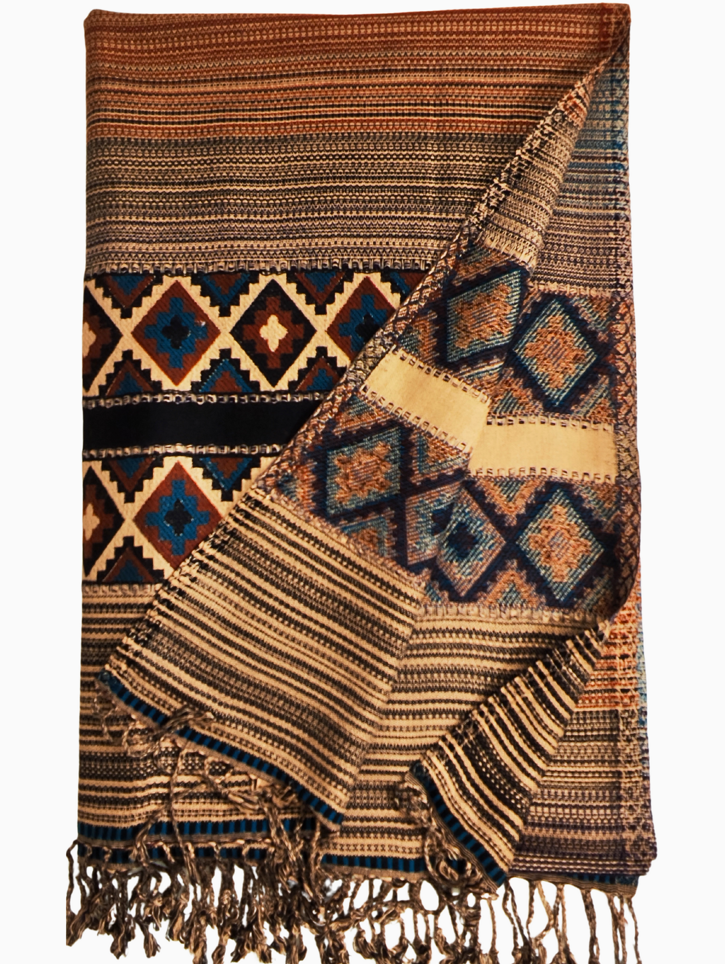 A colourful shawl with geometric patterns, woven from yak wool in Himachal Pradesh, India. Grey gold black blue green. Winter Shawl. A vibrant orange, blue, and black yak wool shawl with intricate geometric designs, showcasing traditional Indian craftsmanship. Handwoven