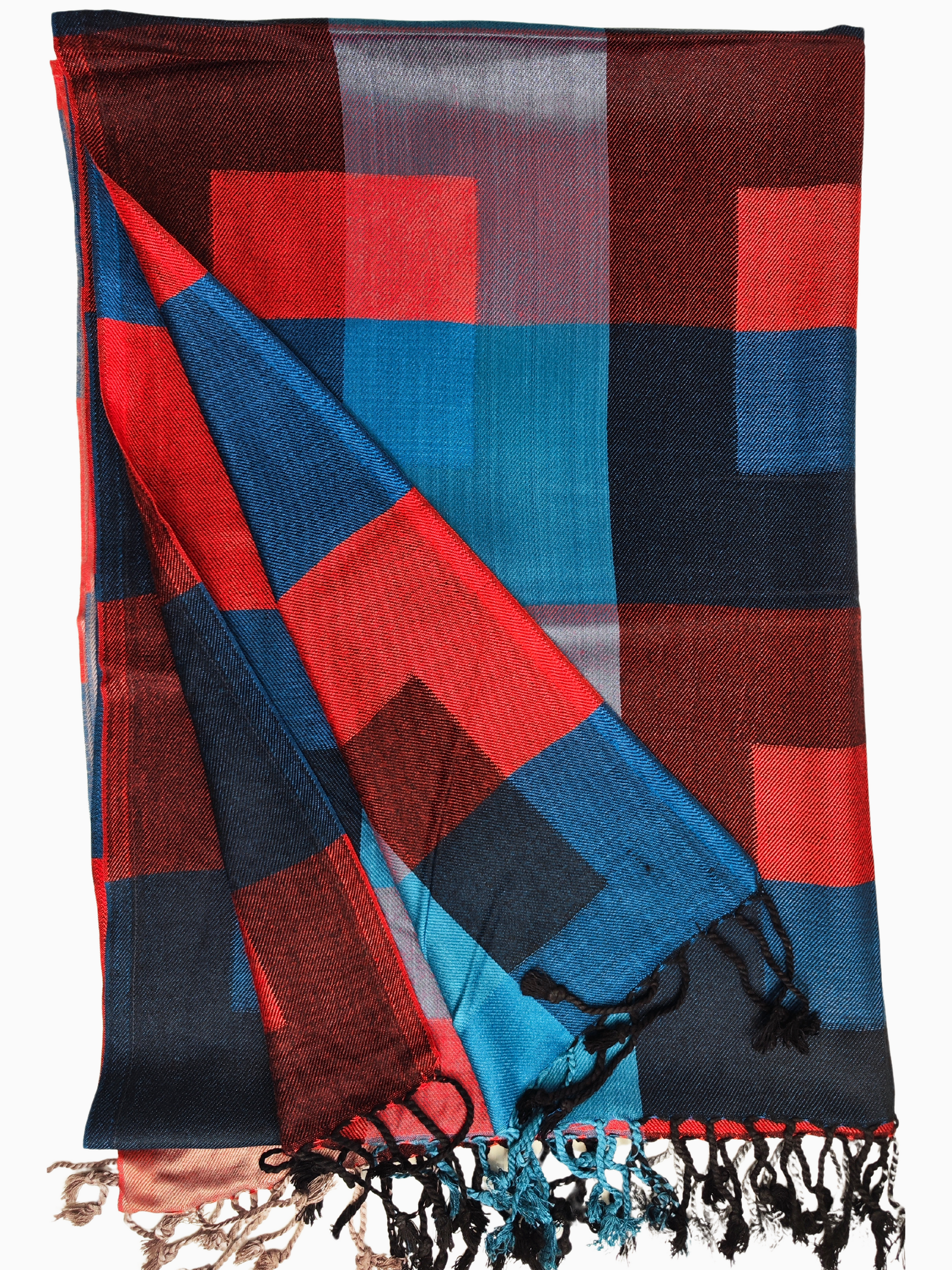 A large plaid scarf in shades of red, blue, and black draped over a mannequin.
A rectangular scarf with a bold plaid pattern in shades of red, blue, and black. The scarf is draped over a mannequin's shoulders and has tassels at the bottom.
A vibrant scarf with a large plaid pattern in shades of deep red, turquoise blue, and charcoal black.
A cosy plaid scarf in rich colours - perfect for fall and winter!"
A beautifully crafted plaid scarf with hand-dyed yarn in vibrant colours.