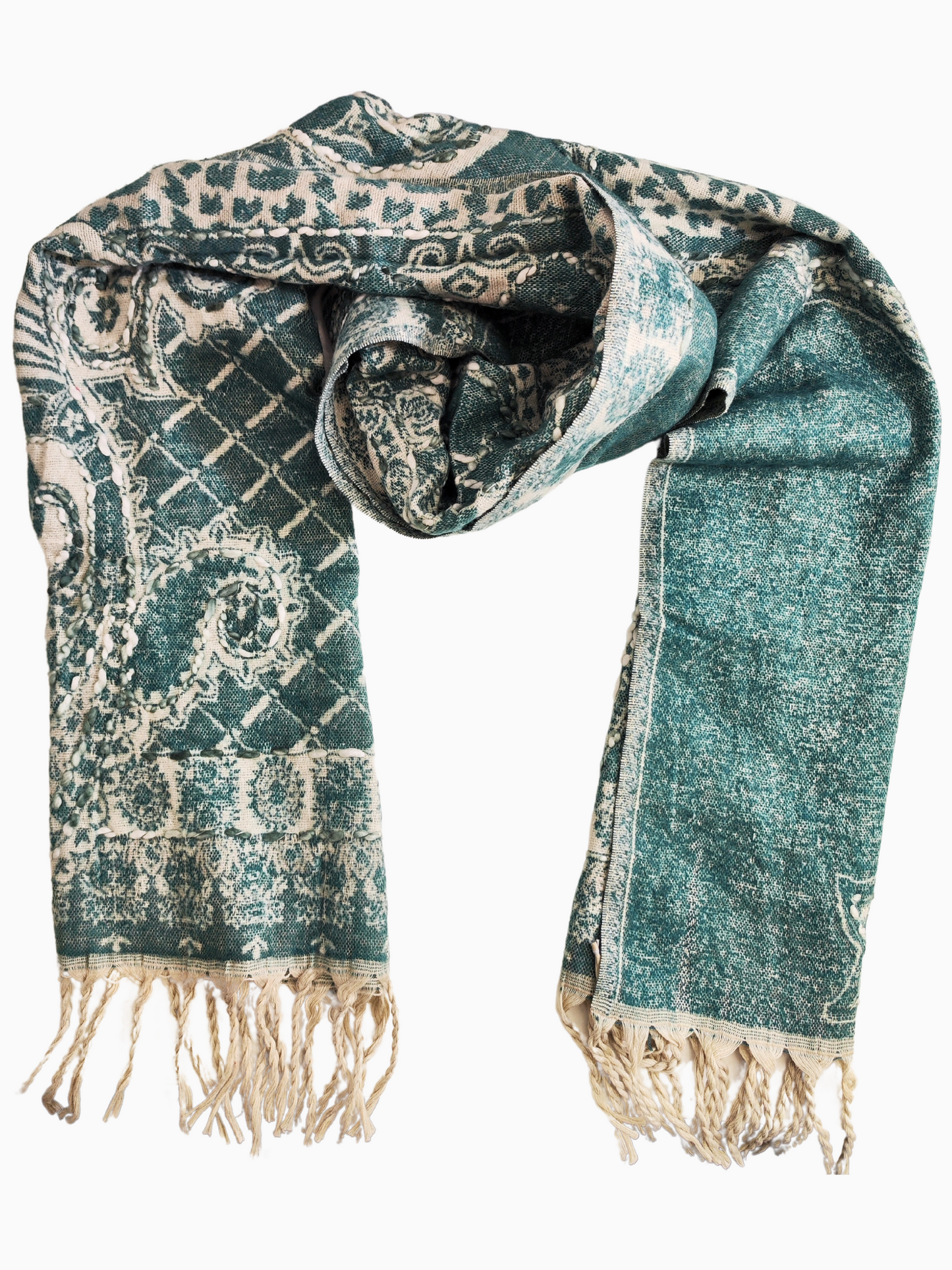 Reversible floral shawl in pure lamb's wool with tassels, featuring deep teal green and soft ivory colors, intricate floral patterns, and a lightweight, cozy design for versatile styling and timeless elegance. Handwoven Wool Shawls Reversible Winter Shawls for Women Luxury Floral Wool Shawls Ethnic Handmade Woolen Wraps Sustainable Lamb’s Wool Shawls