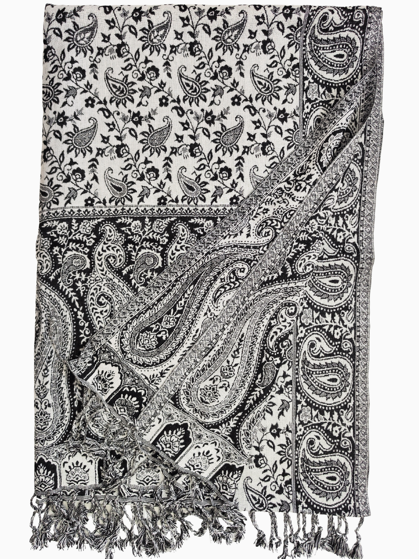 Elegant black & white paisley shawl with floral patterns and fringes. Handwoven unisex boho wrap, lightweight winter scarf – Eleganter Paisley Schal schwarz-weiß mit Blumenmuster & Fransen.