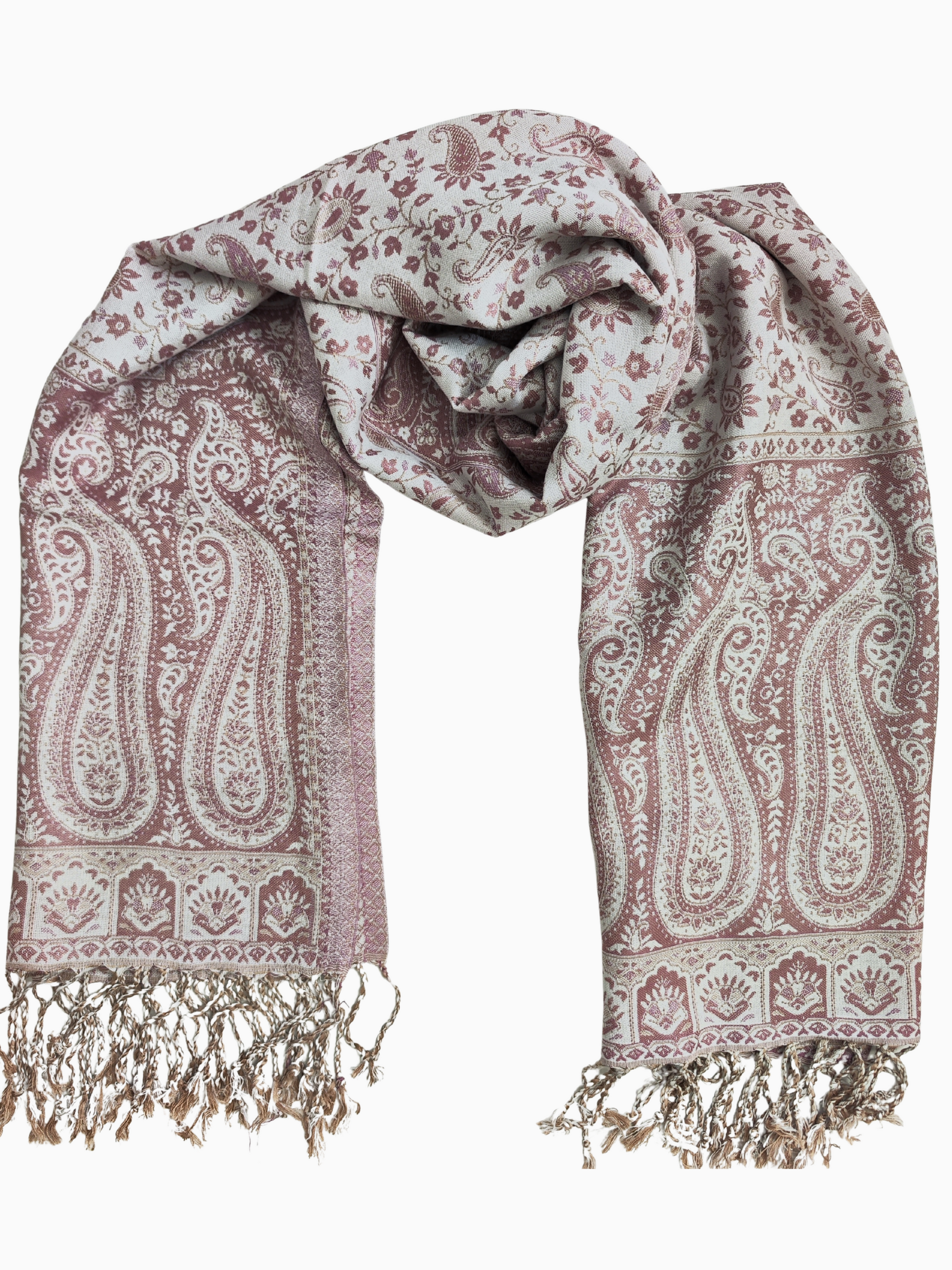 Elegant rose & beige paisley shawl with floral motifs and fringes. Handwoven artisan boho wrap, unisex lightweight scarf – Eleganter Paisley Schal rosa beige mit Blumenmuster & Fransen.
